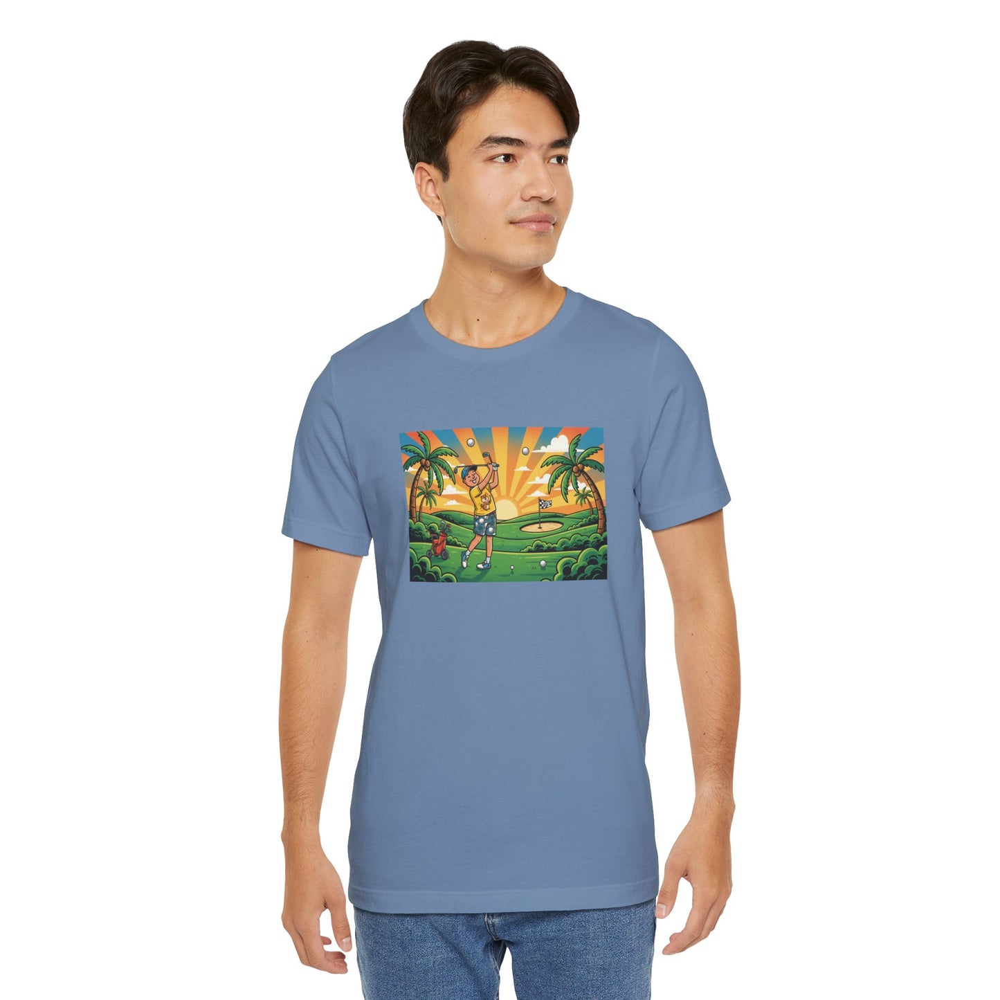 Sunset Golfer Graphic Tee — Tropical Golf Cartoon T-Shirt