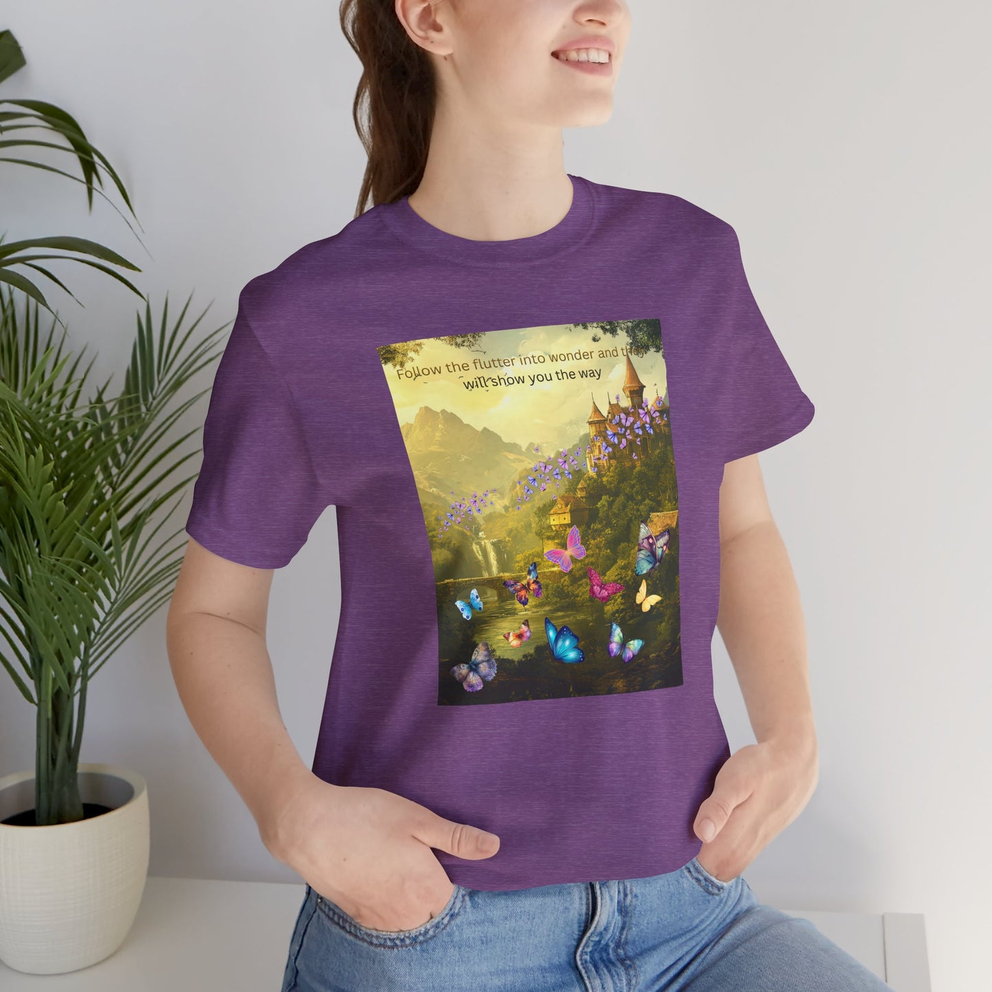 Inspirational Butterfly Landscape Tee — "Follow the Flower..." Nature Graphic T‑Shirt