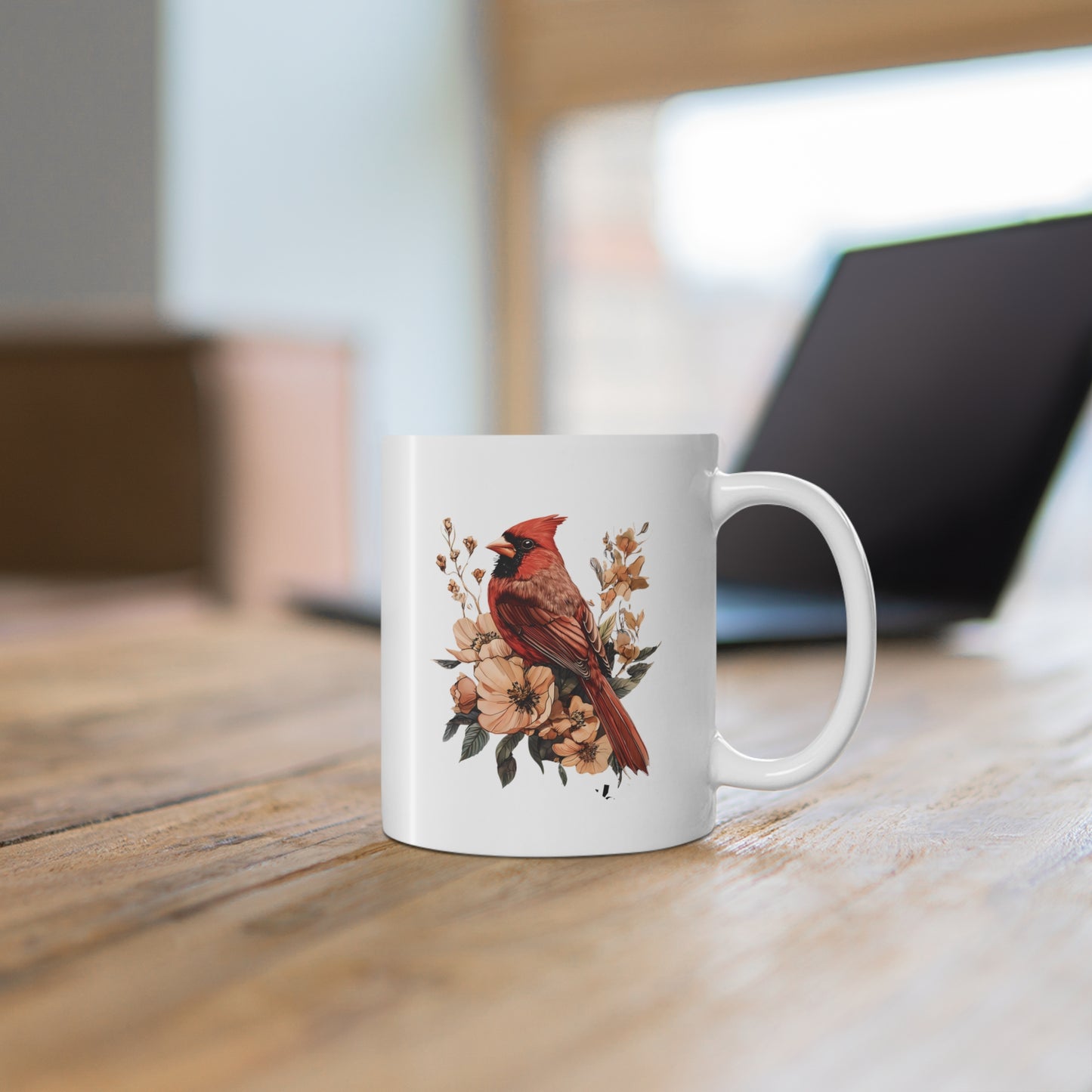 Cardinal Floral Mug — Botanical Red Bird Coffee Cup (11oz)