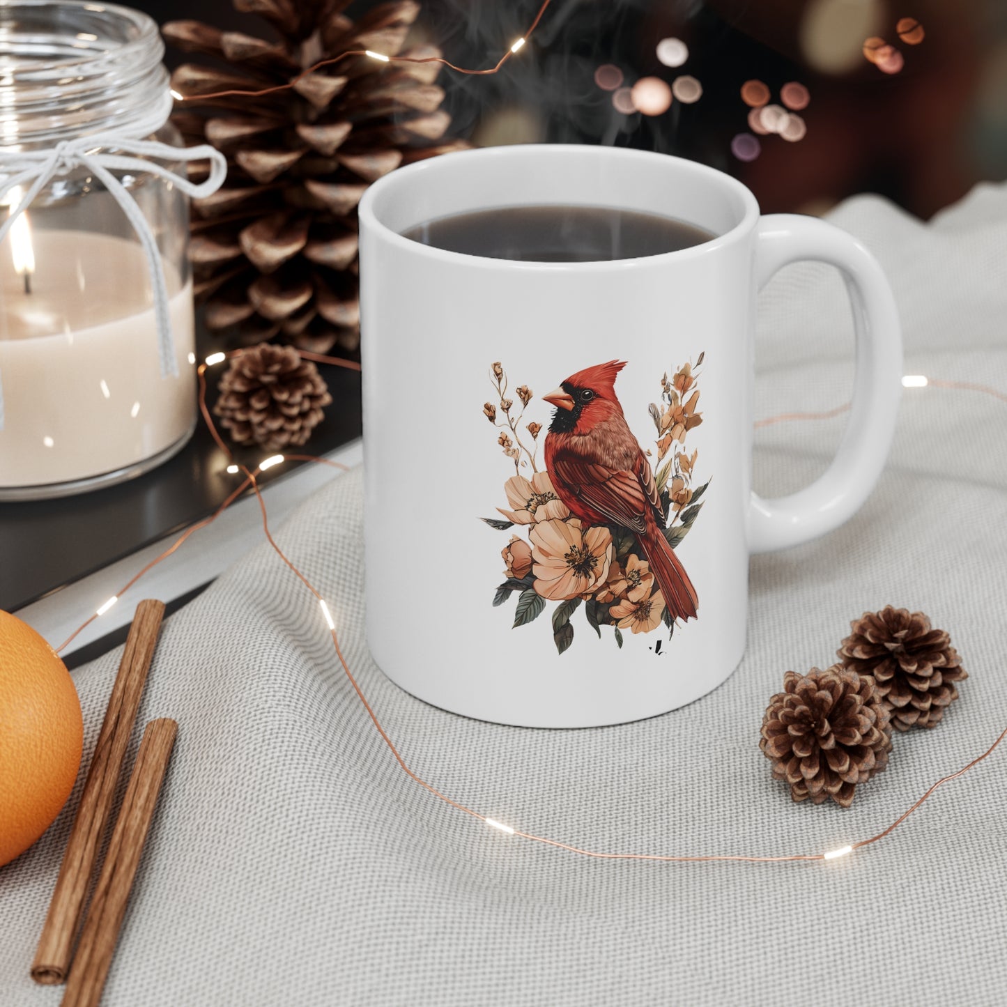 Cardinal Floral Mug — Botanical Red Bird Coffee Cup (11oz)