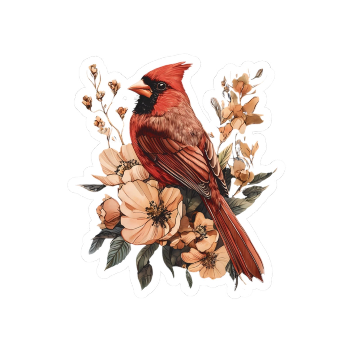 Cardinal Floral Sticker — Vintage Red Bird Kiss-Cut Decal for Laptops & Journals