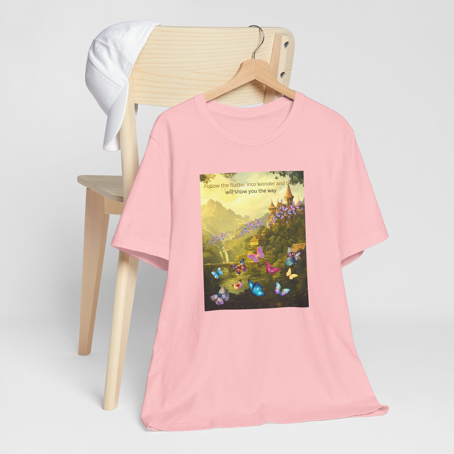 Inspirational Butterfly Landscape Tee — "Follow the Flower..." Nature Graphic T‑Shirt