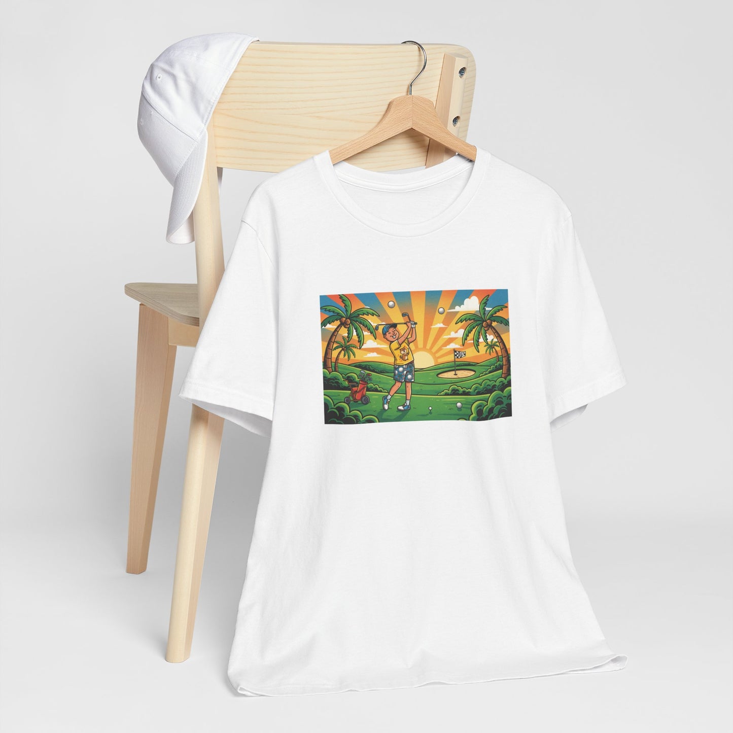 Sunset Golfer Graphic Tee — Tropical Golf Cartoon T-Shirt