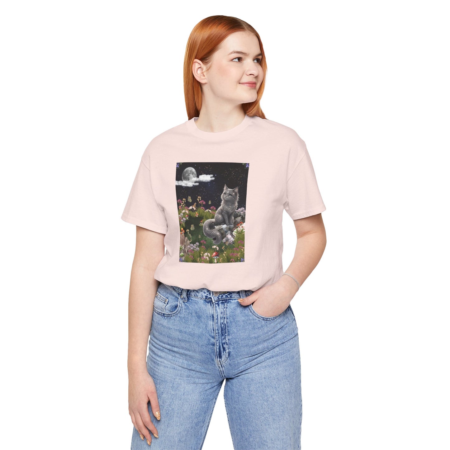 Moonlit Cat Garden T-Shirt — Midnight Moon & Floral Kitty Tee