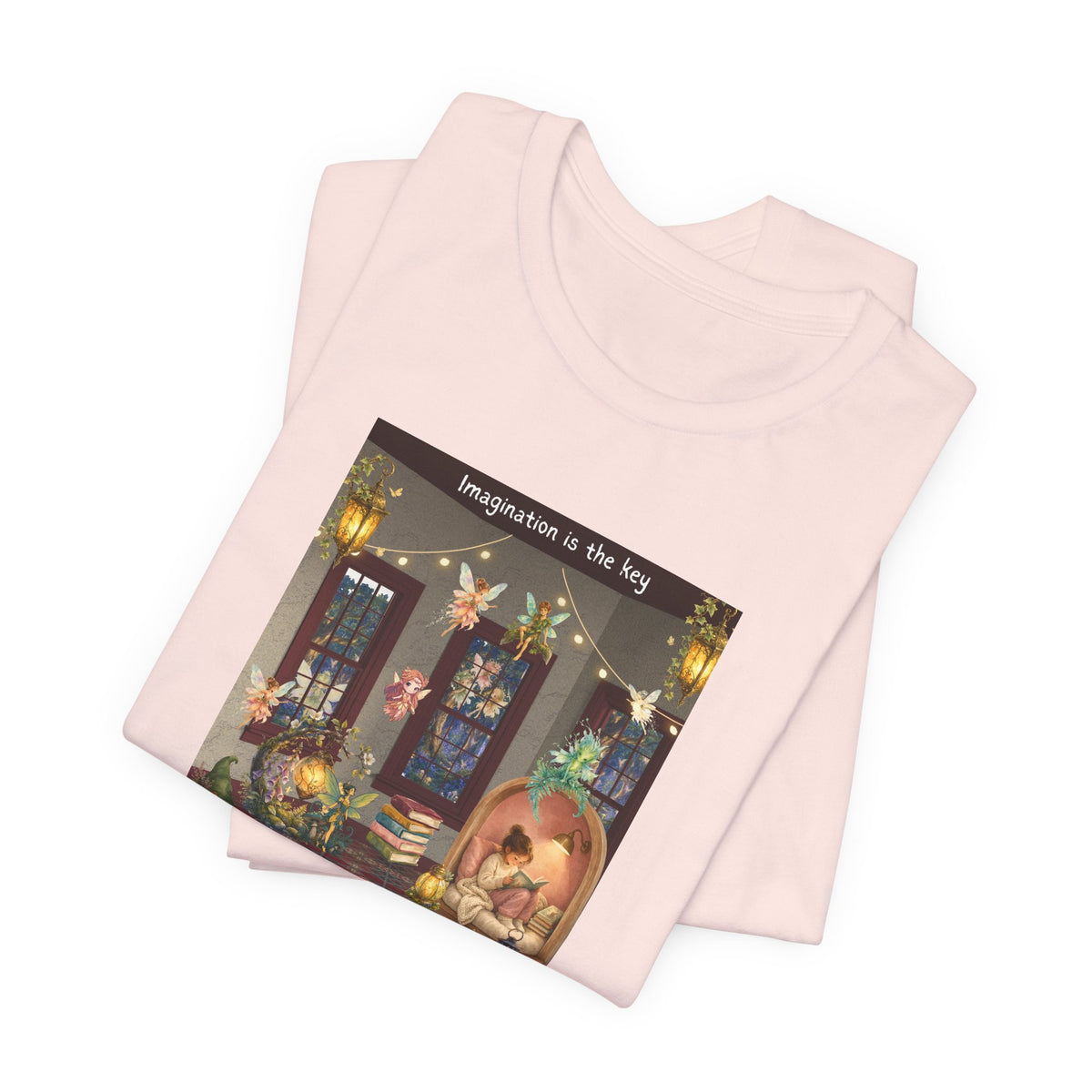 T-Shirt — Cozy Nighttime Reading Scene "Imagination is the Key"