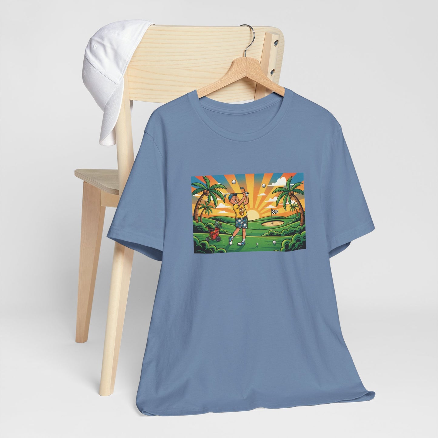 Sunset Golfer Graphic Tee — Tropical Golf Cartoon T-Shirt
