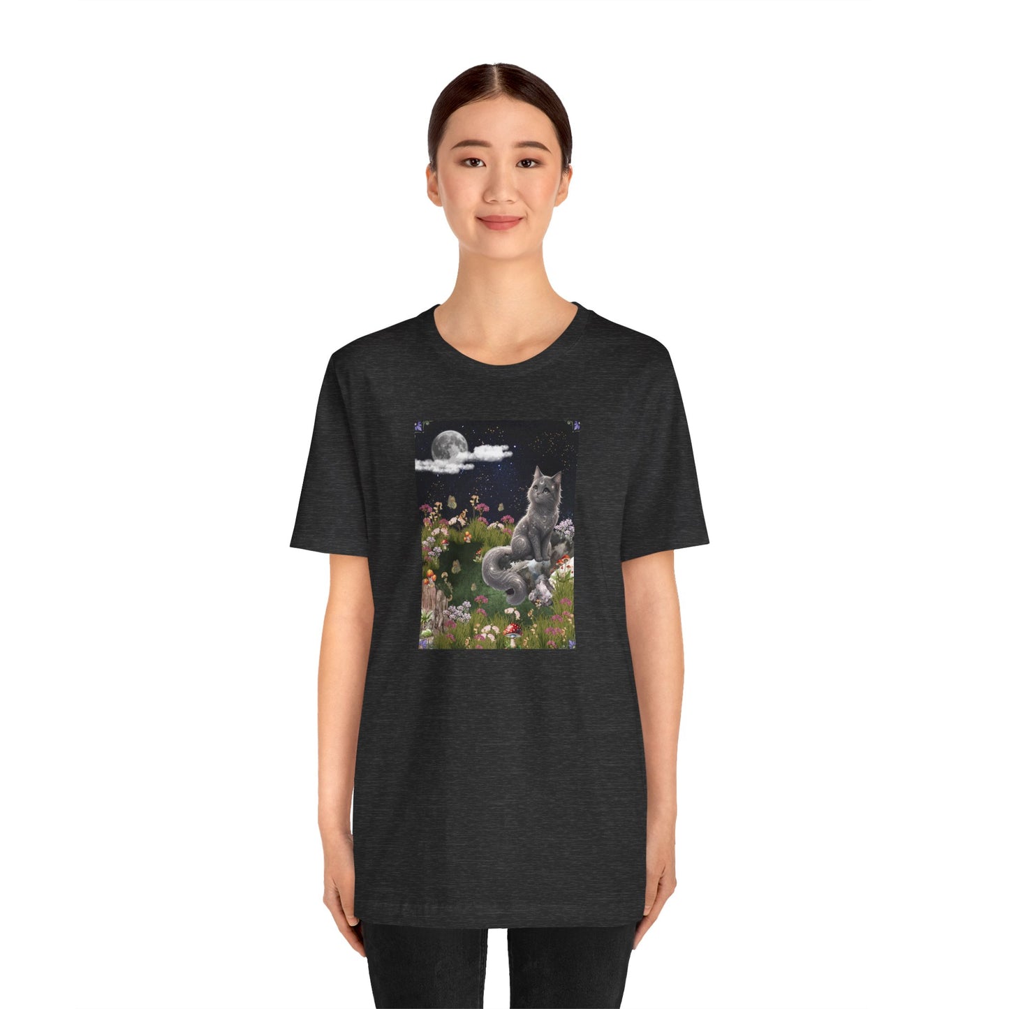 Moonlit Cat Garden T-Shirt — Midnight Moon & Floral Kitty Tee