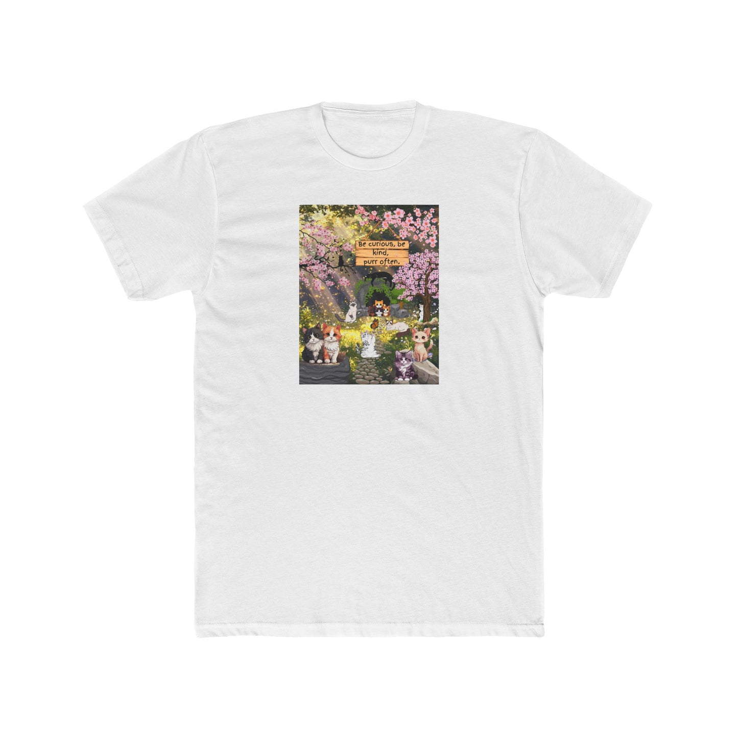 Cute Spring Garden Graphic Tee - "Welcome to Our Garden" Cartoon Cat & Cherry Blossoms