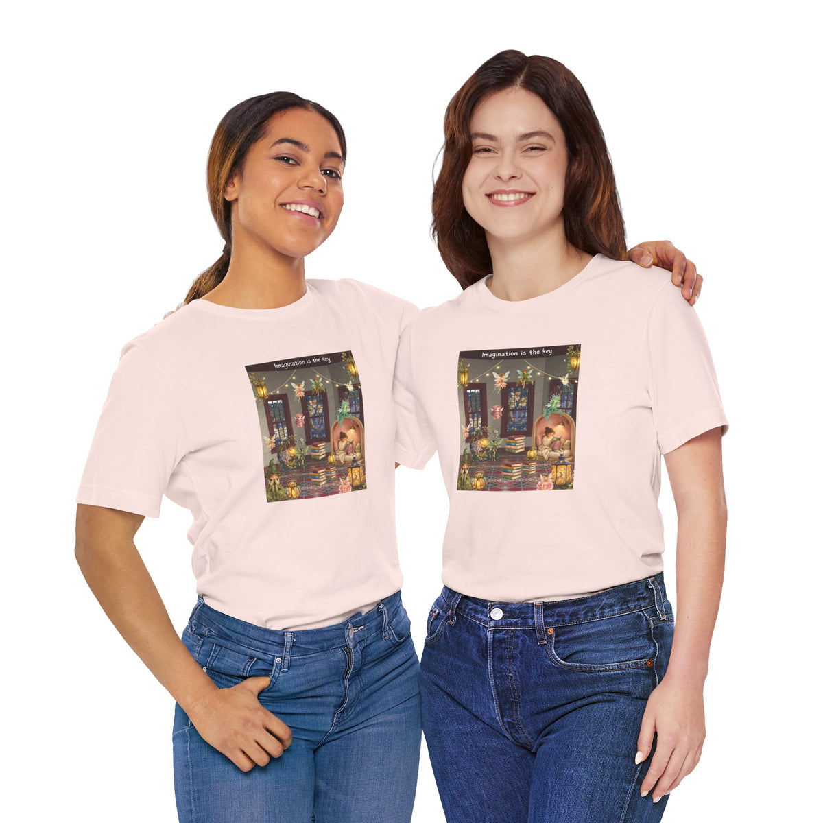 T-Shirt — Cozy Nighttime Reading Scene "Imagination is the Key"