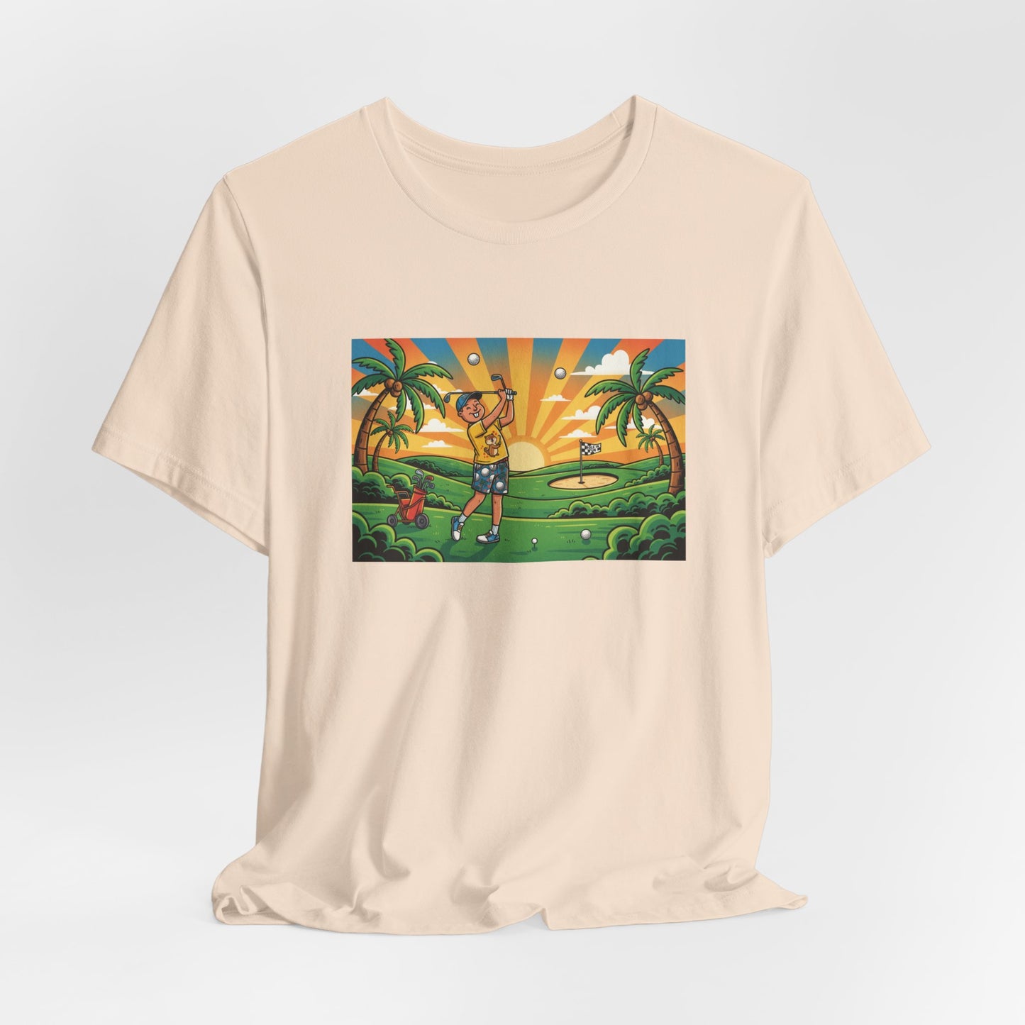 Sunset Golfer Graphic Tee — Tropical Golf Cartoon T-Shirt