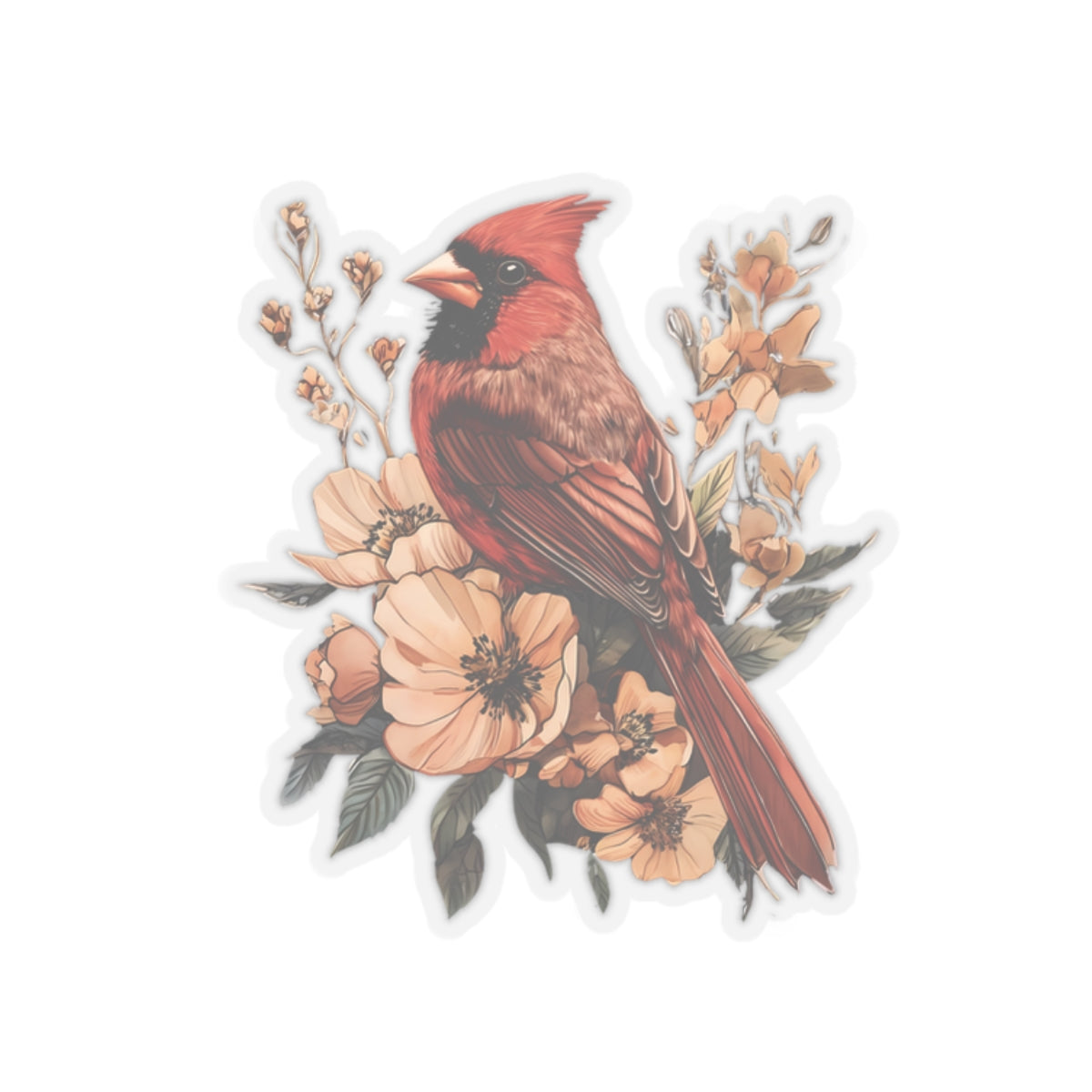 Cardinal Floral Sticker — Vintage Red Bird Kiss-Cut Decal for Laptops & Journals