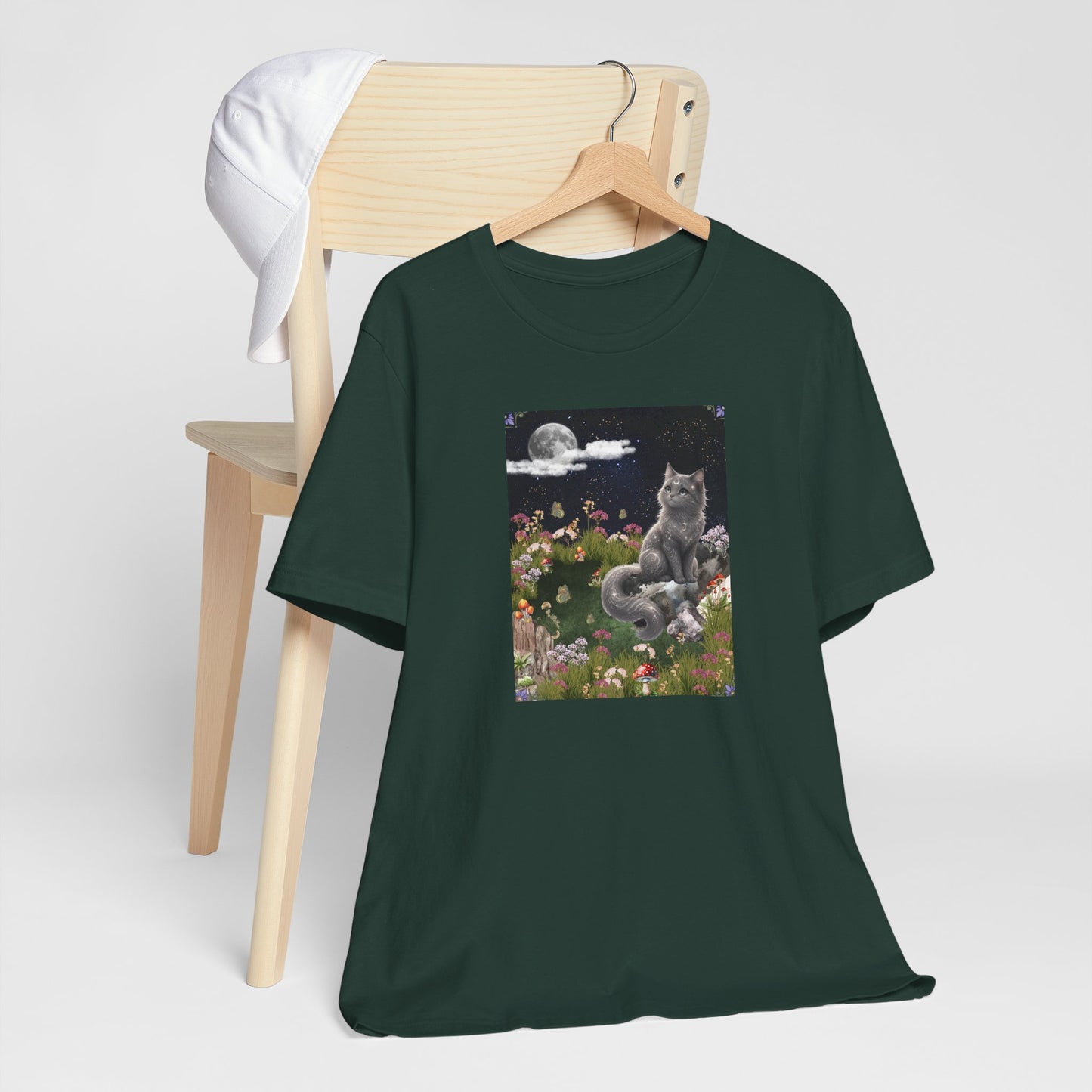 Moonlit Cat Garden T-Shirt — Midnight Moon & Floral Kitty Tee