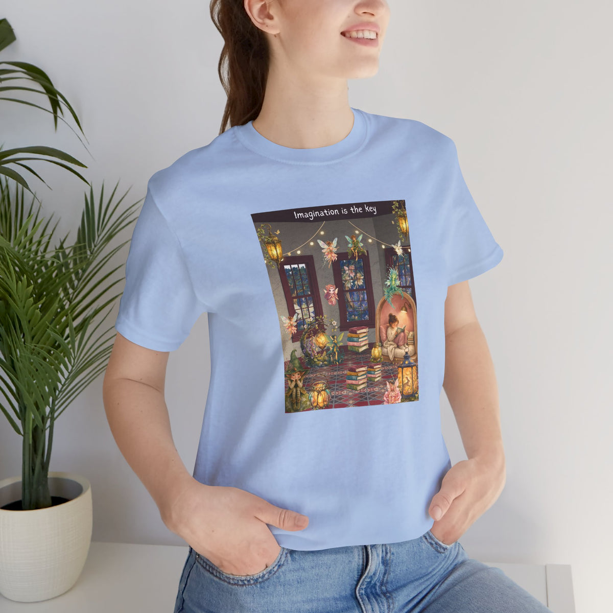 T-Shirt — Cozy Nighttime Reading Scene "Imagination is the Key"