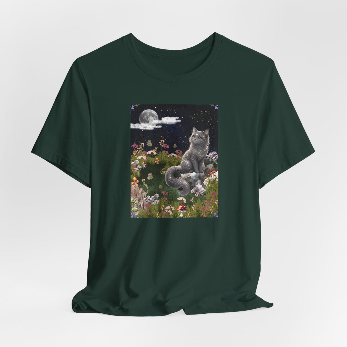 Moonlit Cat Garden T-Shirt — Midnight Moon & Floral Kitty Tee
