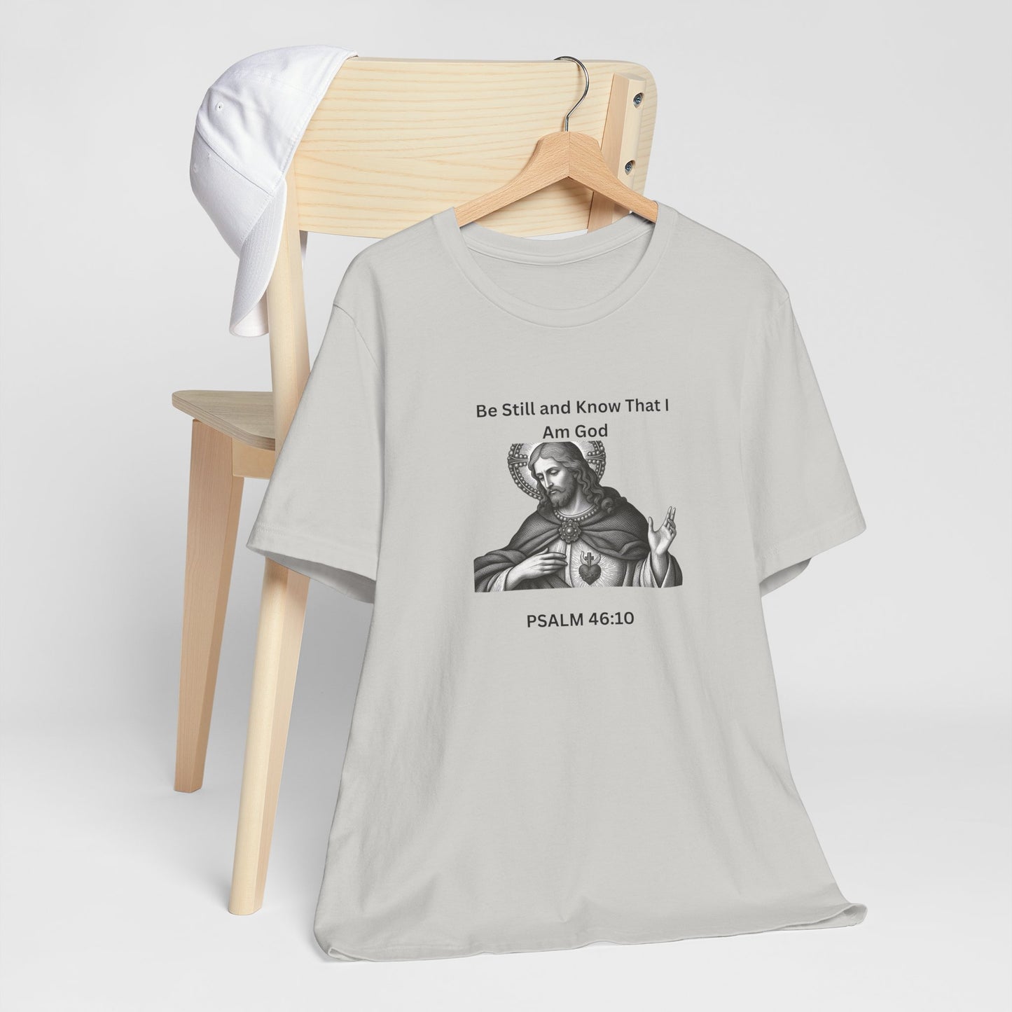 Religious T-Shirt — "Be Still and Know That I Am God" Psalm 46:10 Black and White Graphic Tee