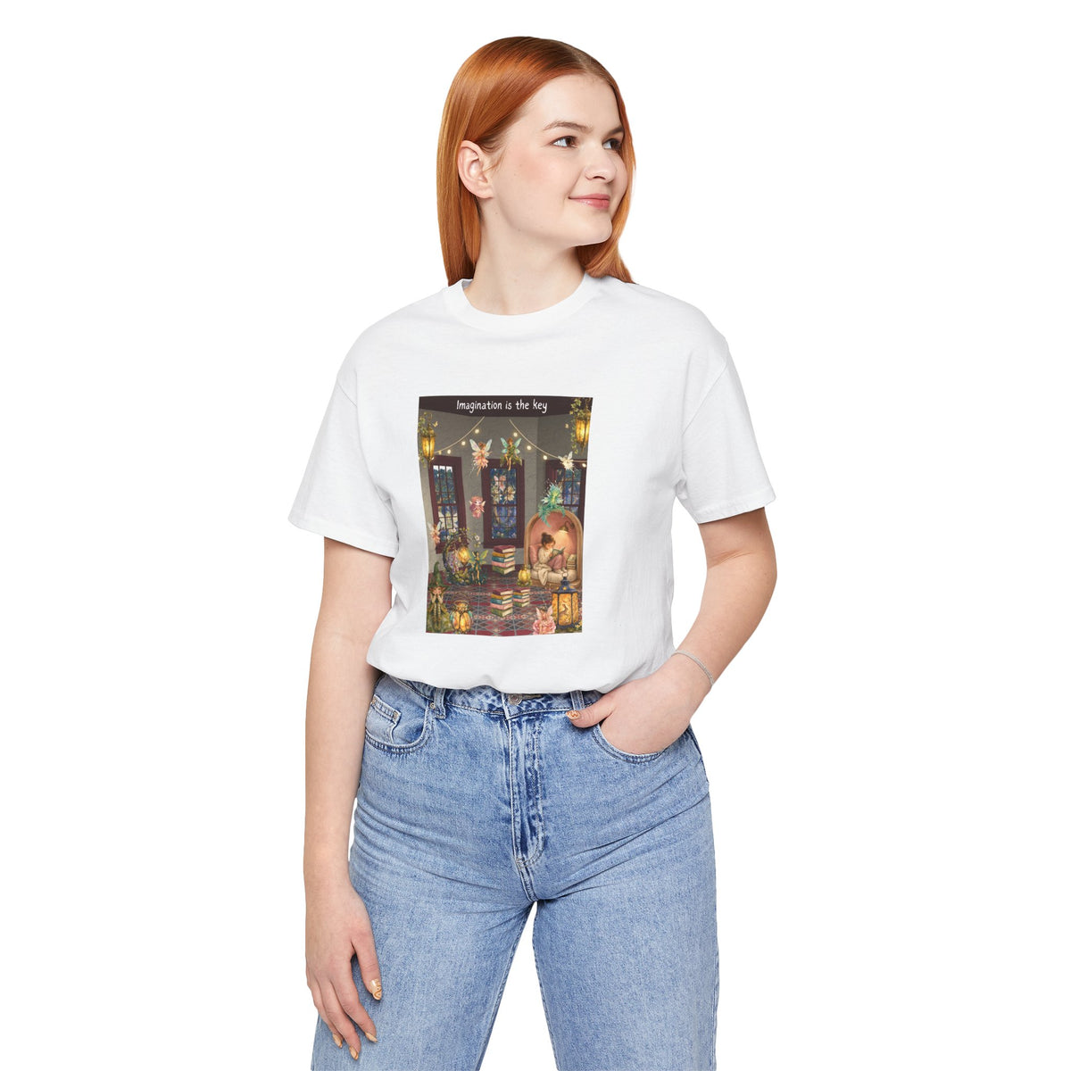 T-Shirt — Cozy Nighttime Reading Scene "Imagination is the Key"