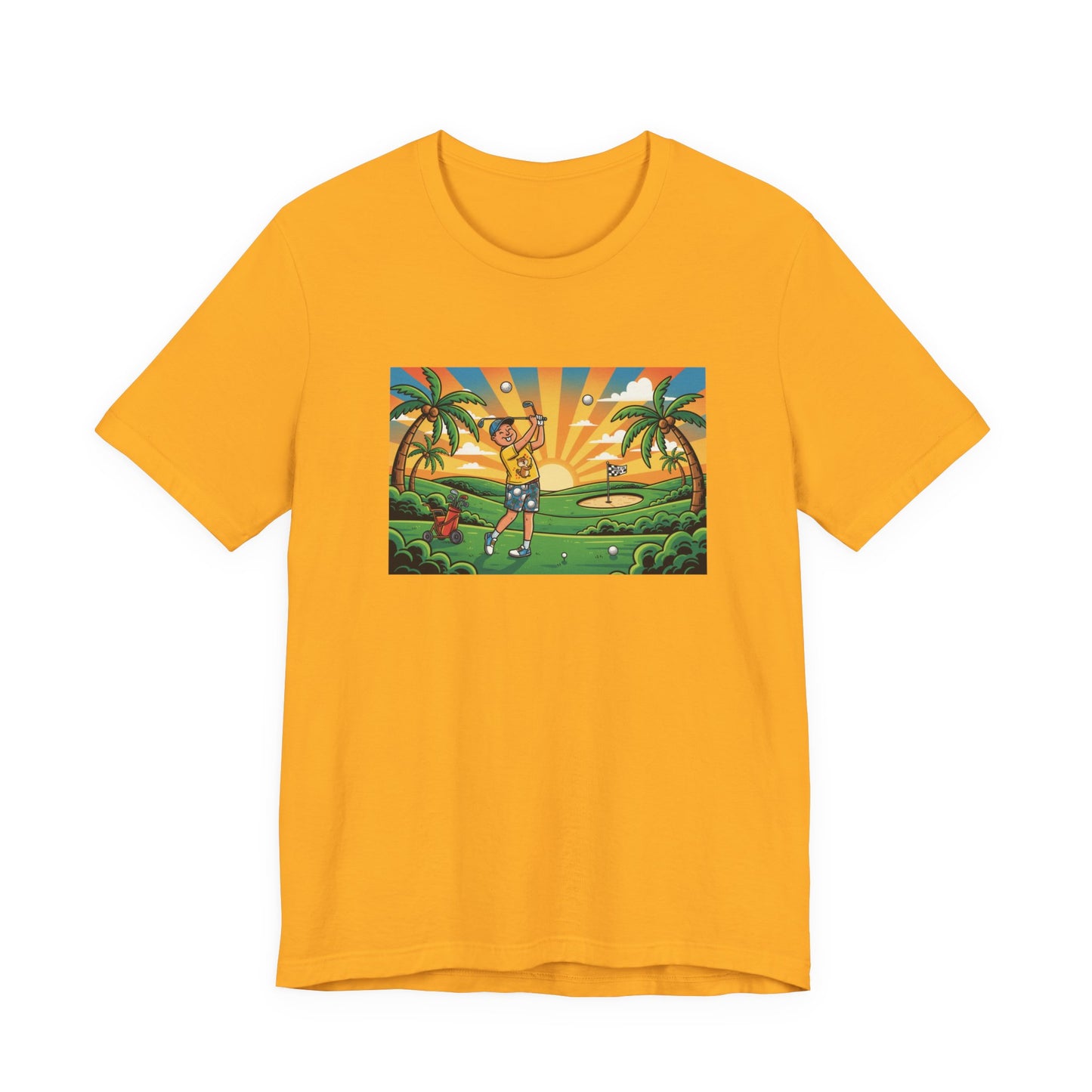 Sunset Golfer Graphic Tee — Tropical Golf Cartoon T-Shirt