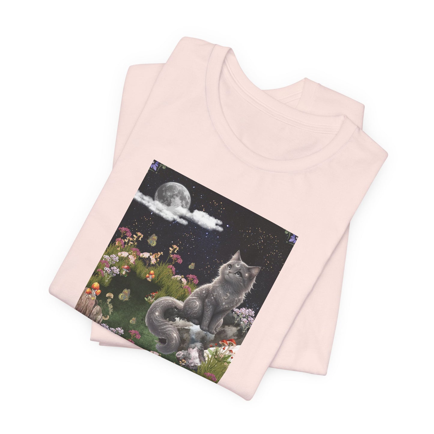 Moonlit Cat Garden T-Shirt — Midnight Moon & Floral Kitty Tee