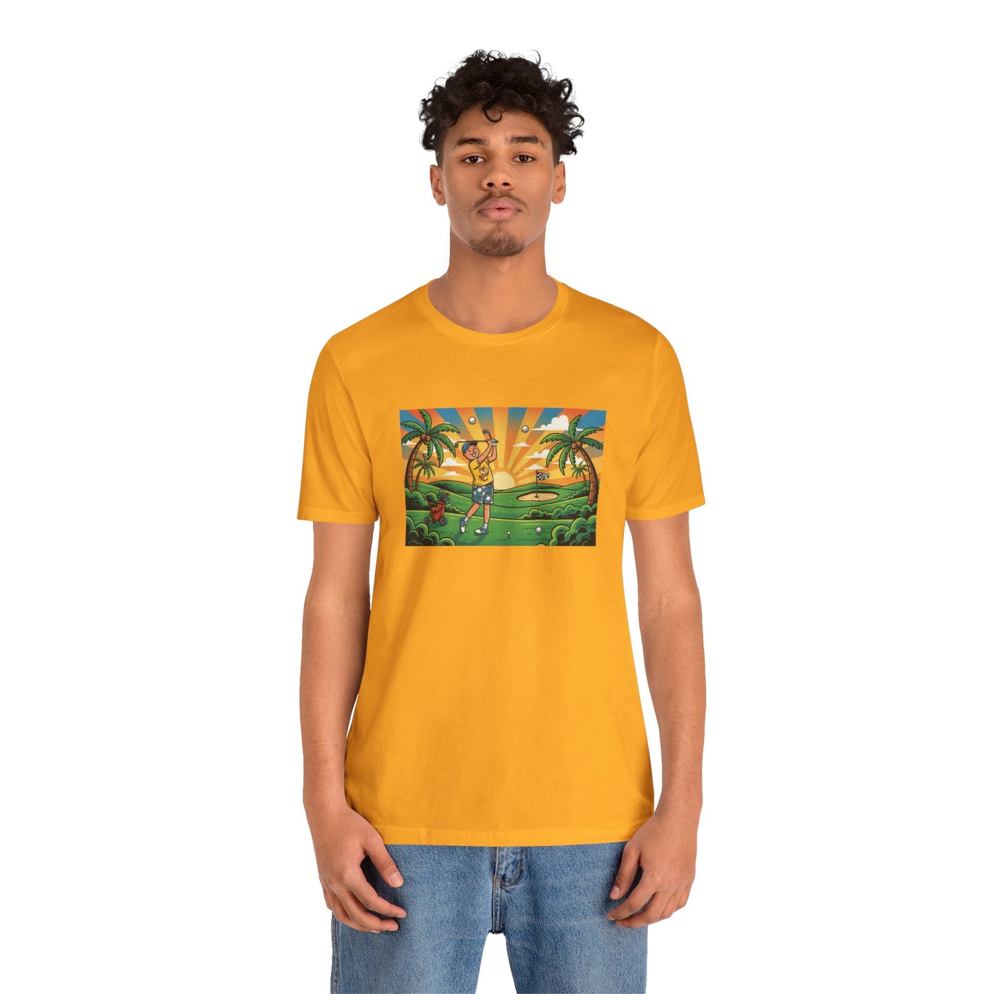 Sunset Golfer Graphic Tee — Tropical Golf Cartoon T-Shirt