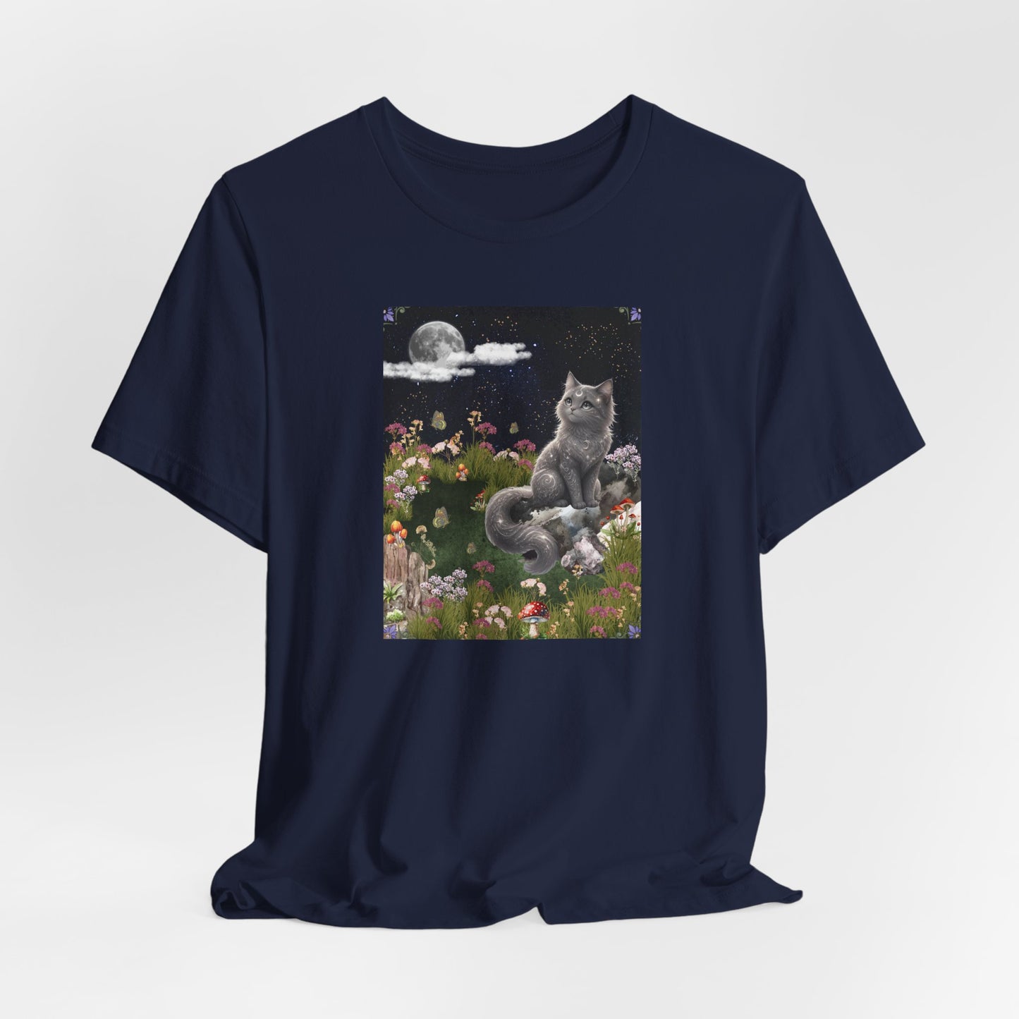 Moonlit Cat Garden T-Shirt — Midnight Moon & Floral Kitty Tee