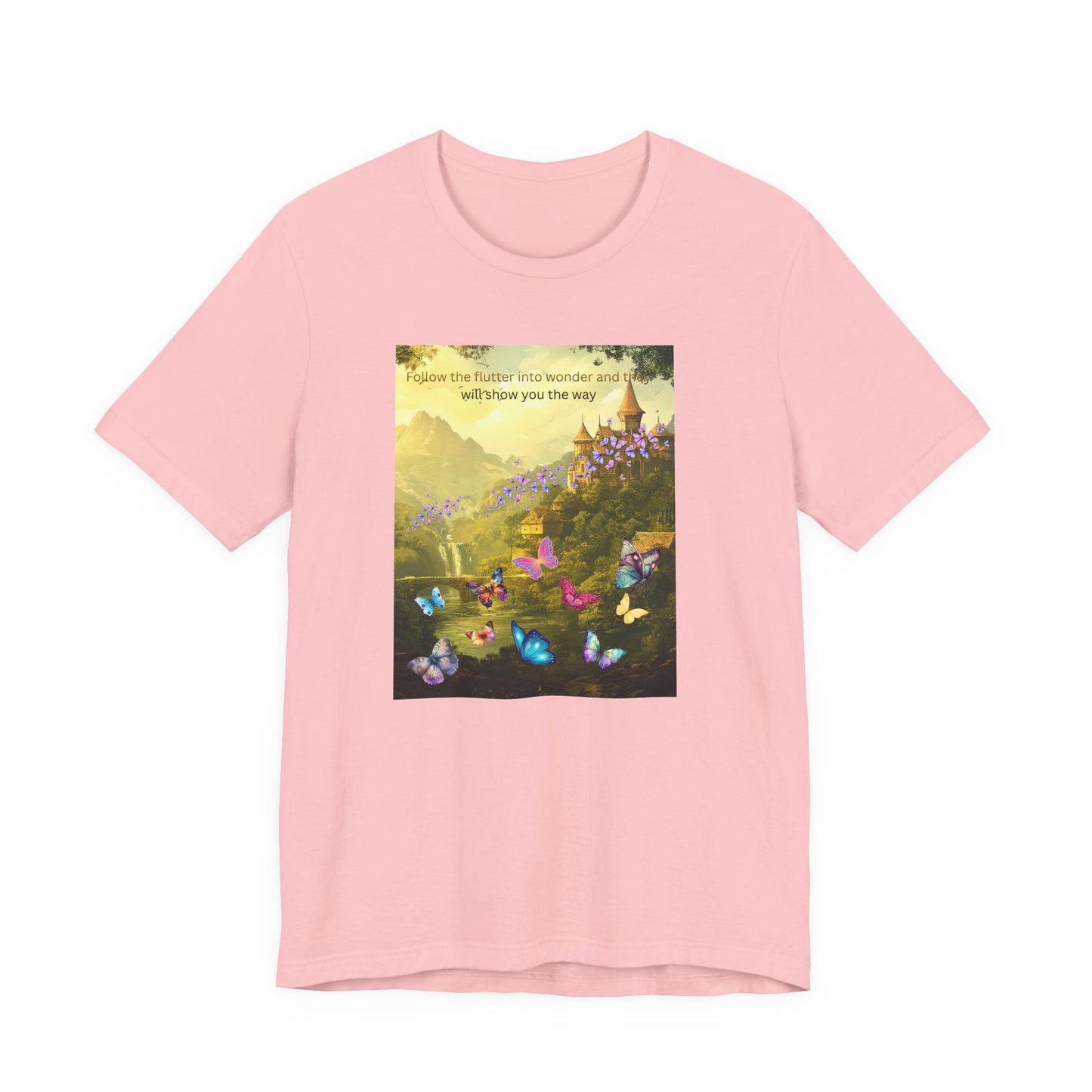 Inspirational Butterfly Landscape Tee — "Follow the Flower..." Nature Graphic T‑Shirt
