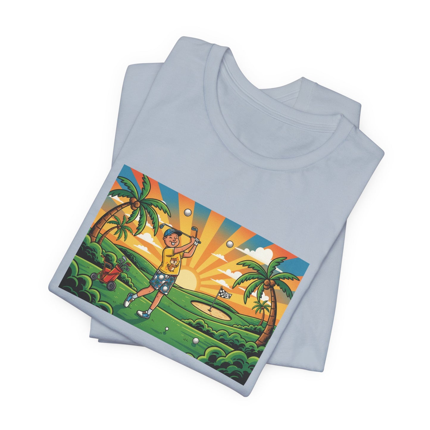 Sunset Golfer Graphic Tee — Tropical Golf Cartoon T-Shirt