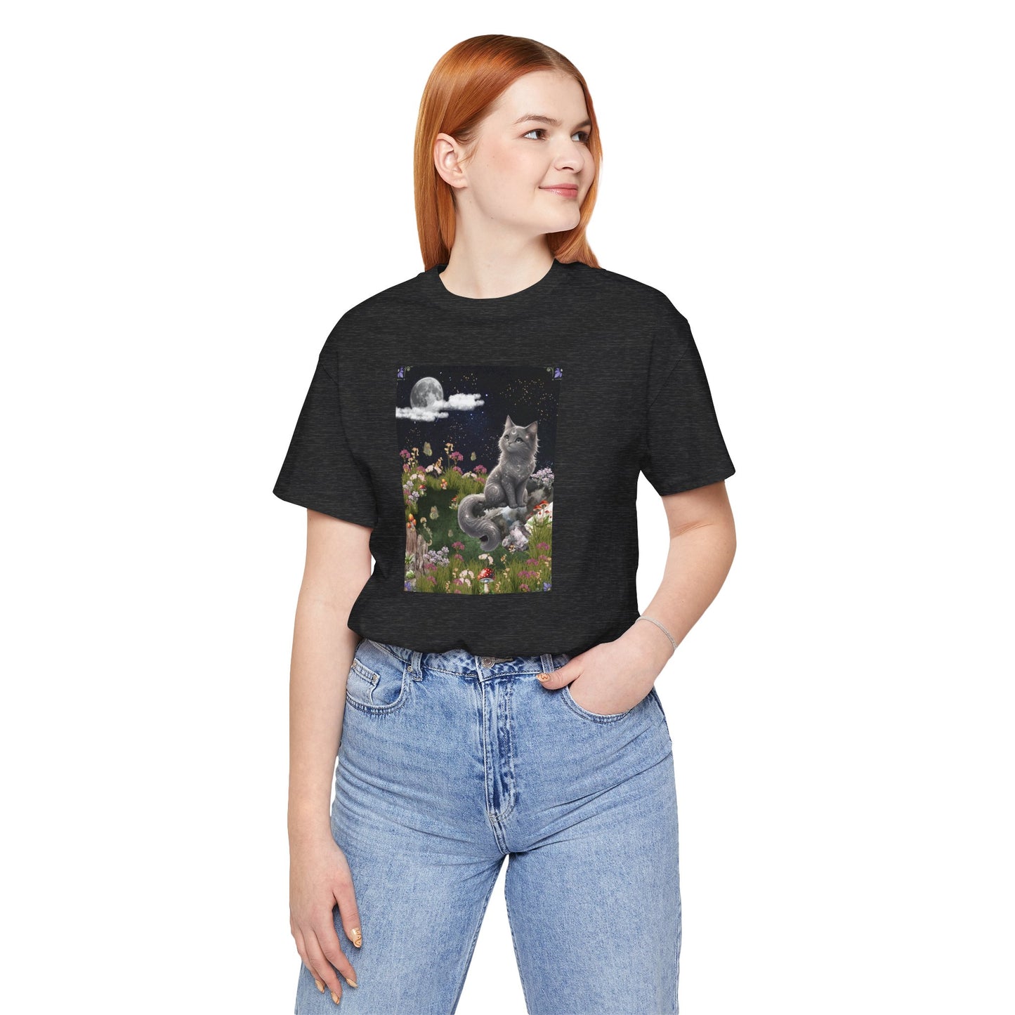 Moonlit Cat Garden T-Shirt — Midnight Moon & Floral Kitty Tee