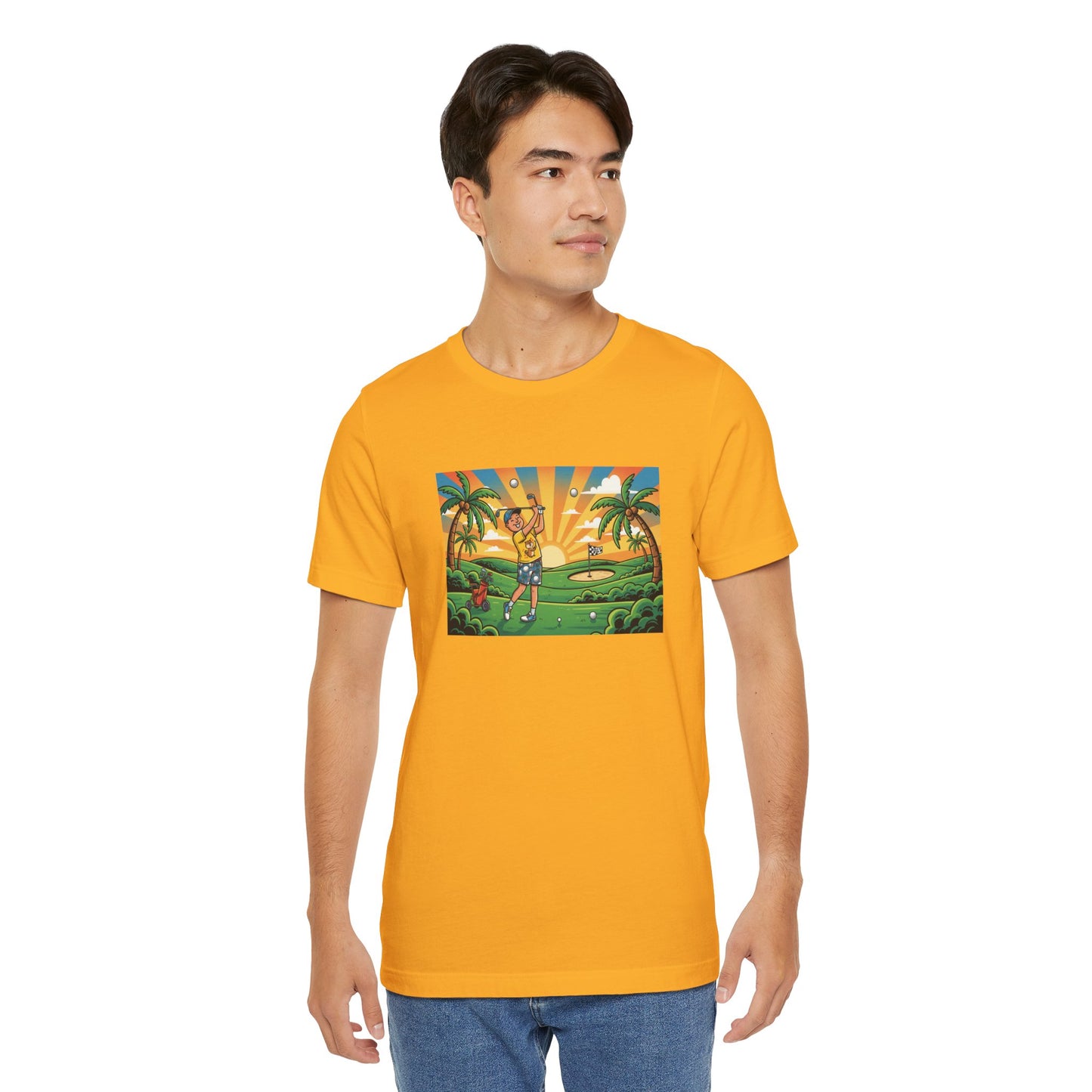 Sunset Golfer Graphic Tee — Tropical Golf Cartoon T-Shirt