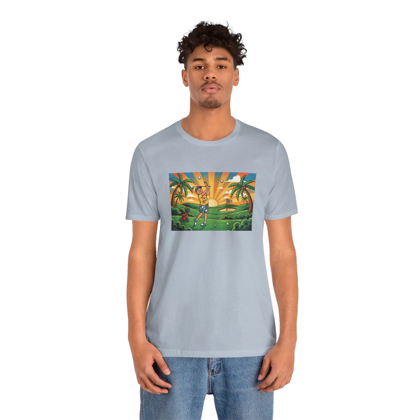 Sunset Golfer Graphic Tee — Tropical Golf Cartoon T-Shirt