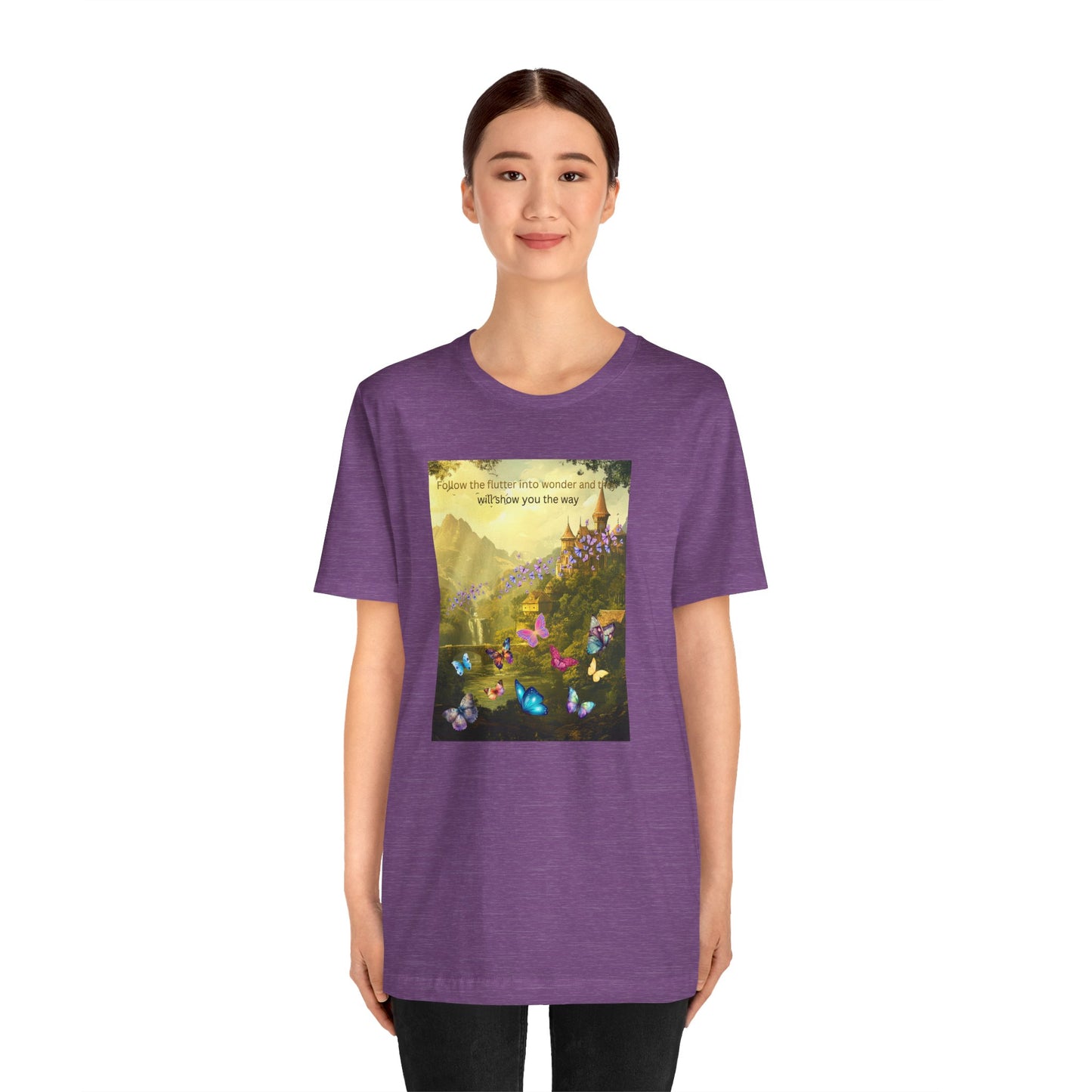 Inspirational Butterfly Landscape Tee — "Follow the Flower..." Nature Graphic T‑Shirt