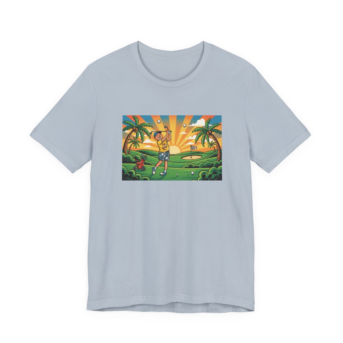 Sunset Golfer Graphic Tee — Tropical Golf Cartoon T-Shirt