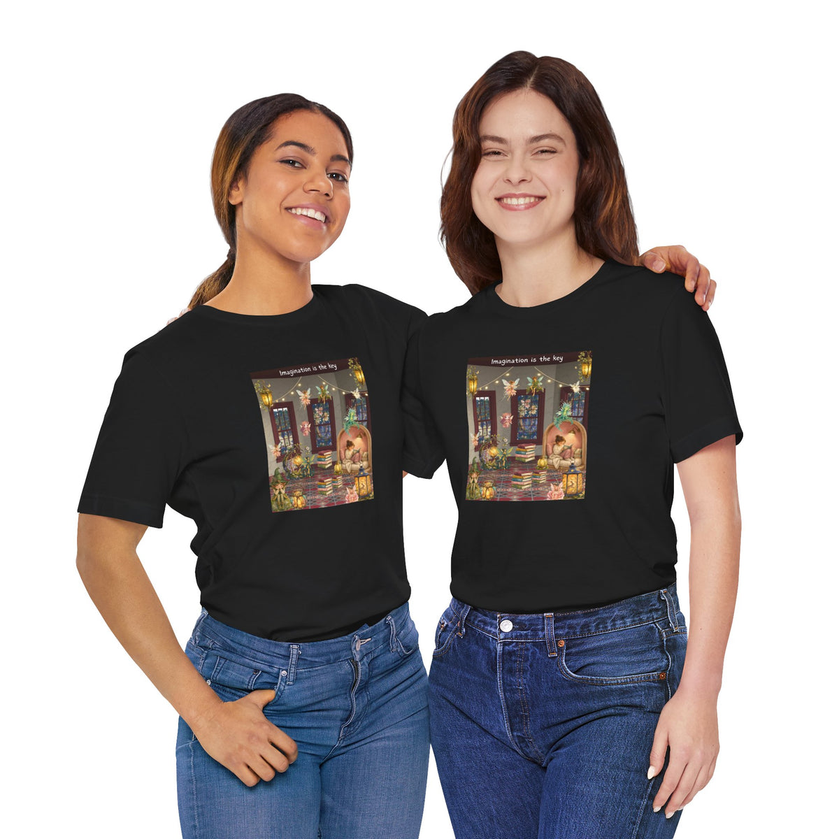 T-Shirt — Cozy Nighttime Reading Scene "Imagination is the Key"
