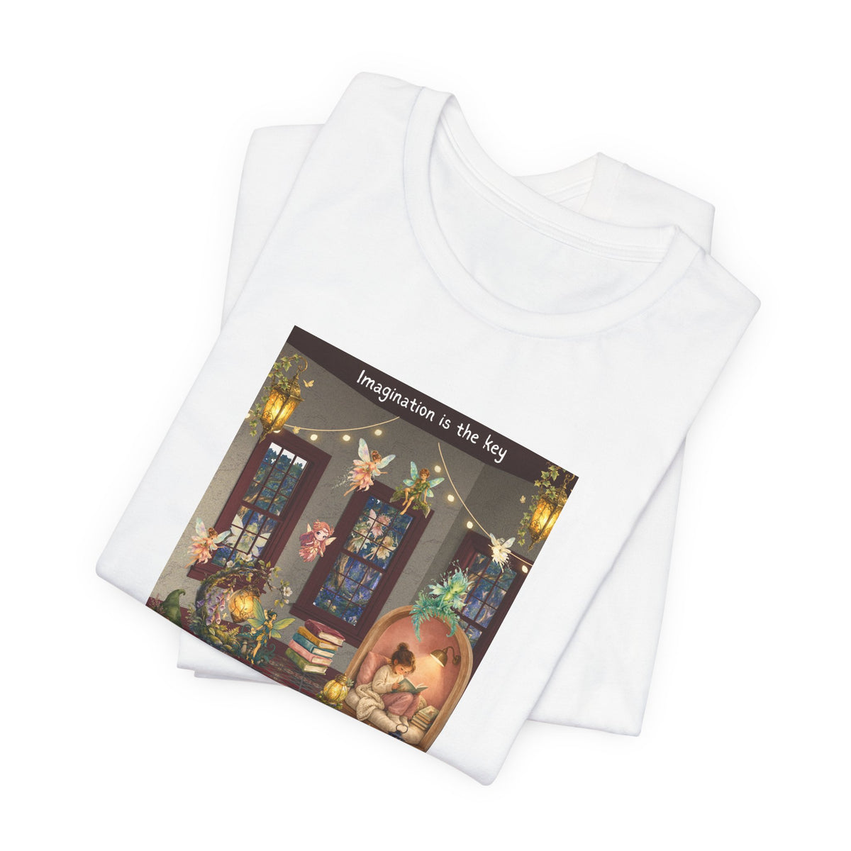 T-Shirt — Cozy Nighttime Reading Scene "Imagination is the Key"