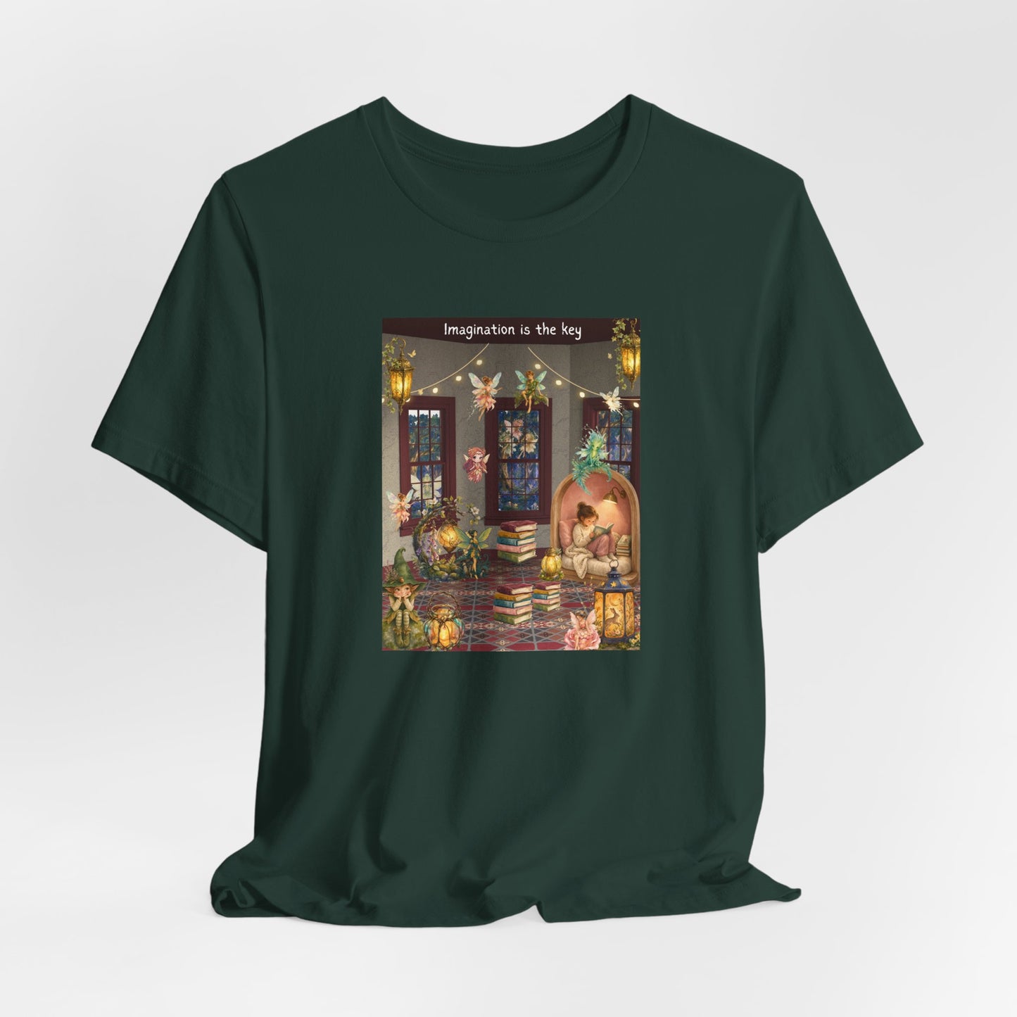 T-Shirt — Cozy Nighttime Reading Scene "Imagination is the Key"