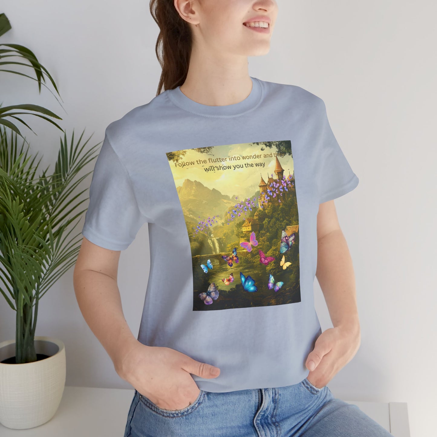 Inspirational Butterfly Landscape Tee — "Follow the Flower..." Nature Graphic T‑Shirt