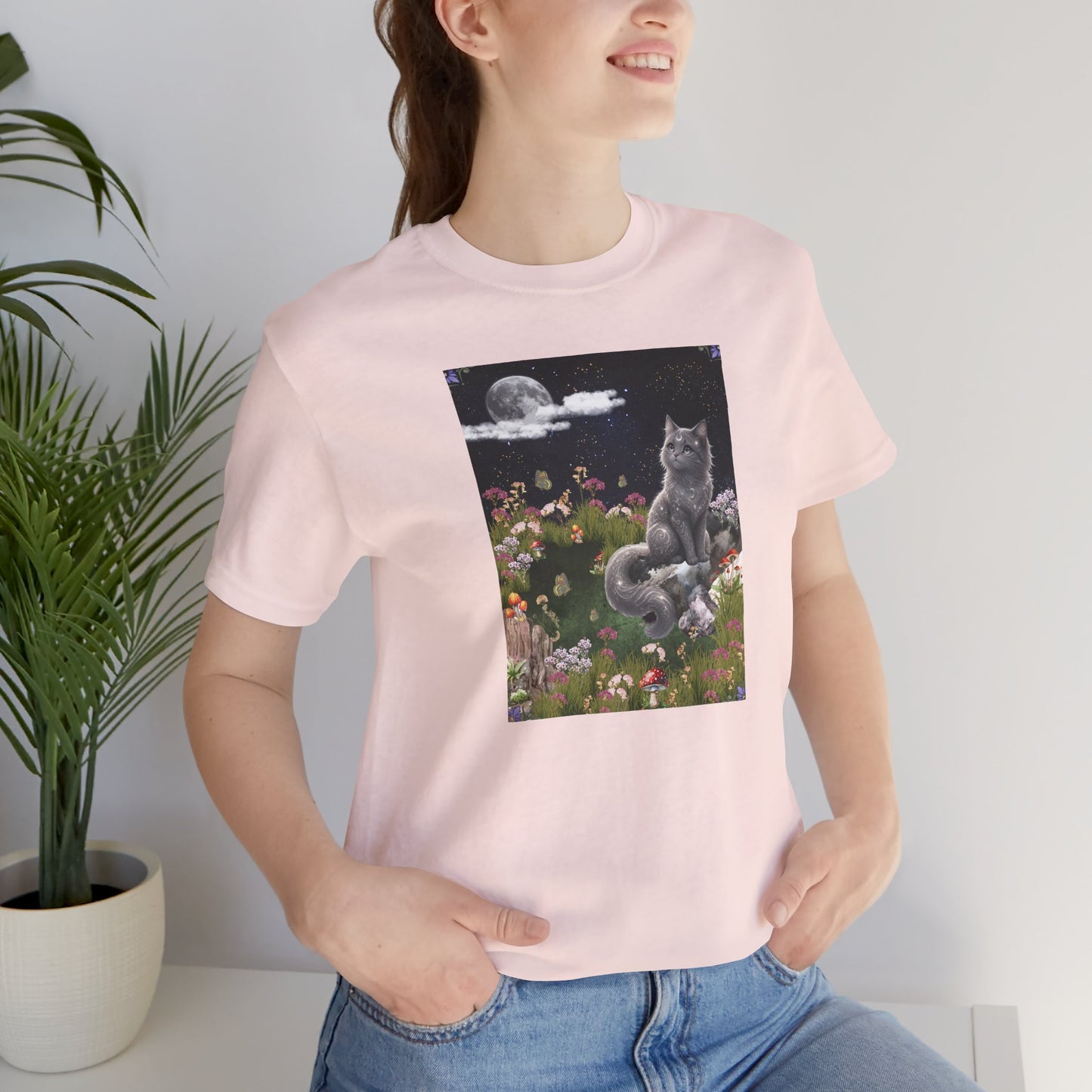 Moonlit Cat Garden T-Shirt — Midnight Moon & Floral Kitty Tee