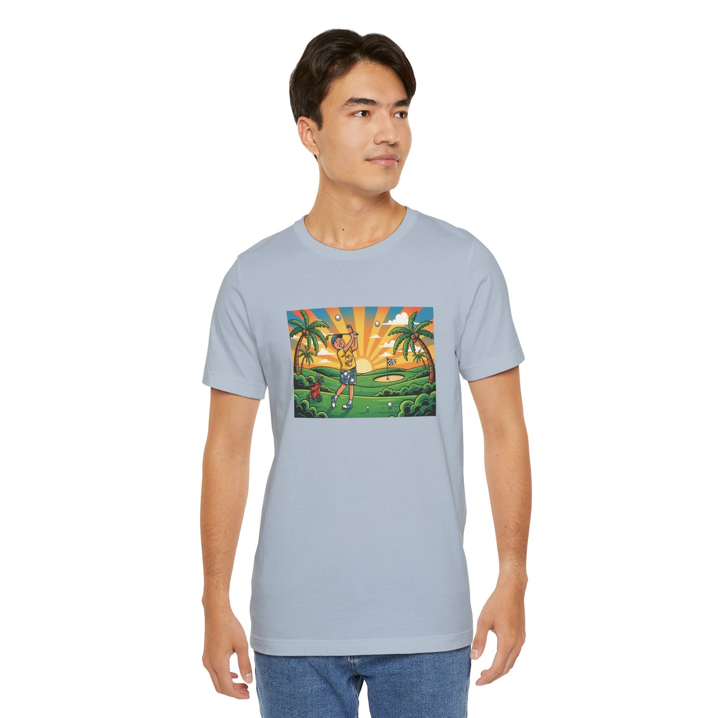 Sunset Golfer Graphic Tee — Tropical Golf Cartoon T-Shirt