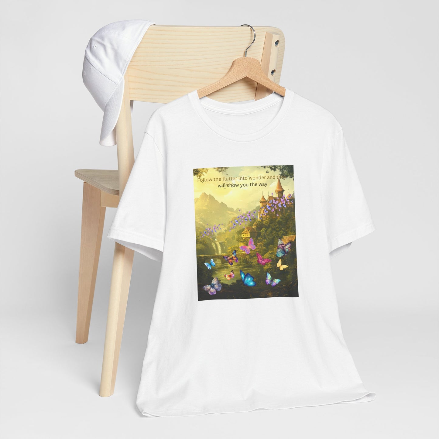 Inspirational Butterfly Landscape Tee — "Follow the Flower..." Nature Graphic T‑Shirt