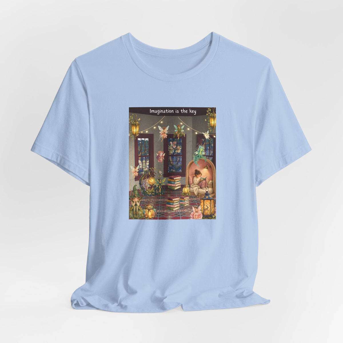 T-Shirt — Cozy Nighttime Reading Scene "Imagination is the Key"
