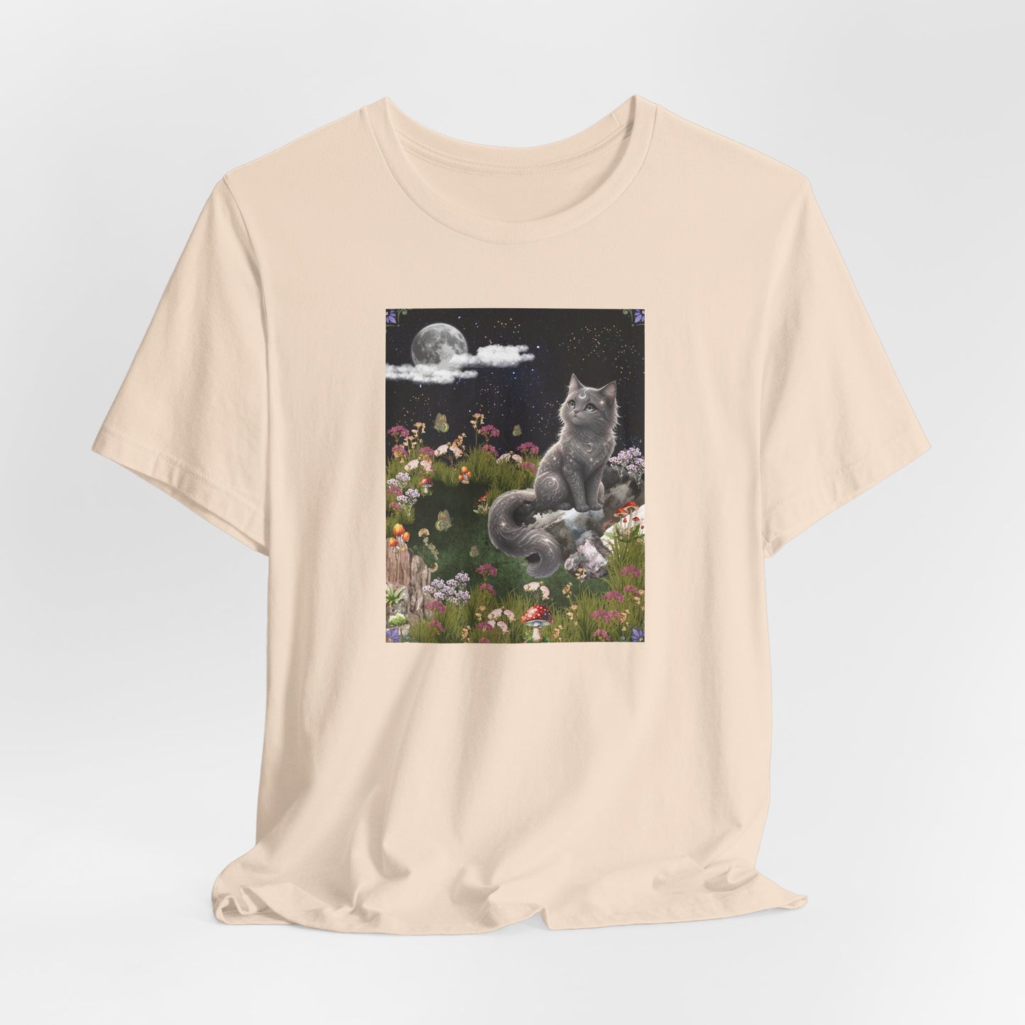 Moonlit Cat Garden T-Shirt — Midnight Moon & Floral Kitty Tee