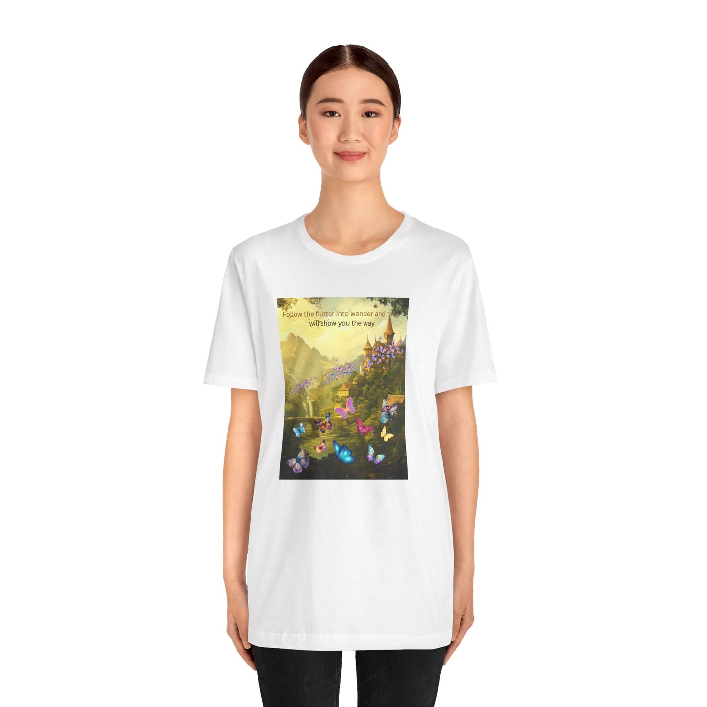 Inspirational Butterfly Landscape Tee — "Follow the Flower..." Nature Graphic T‑Shirt