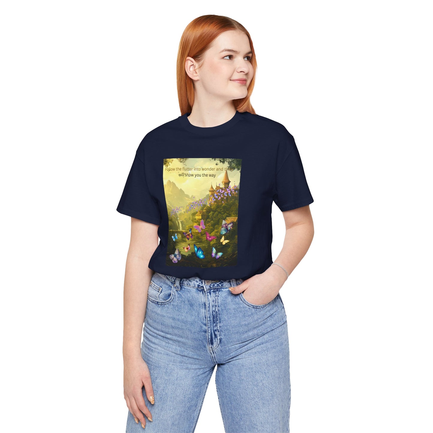 Inspirational Butterfly Landscape Tee — "Follow the Flower..." Nature Graphic T‑Shirt