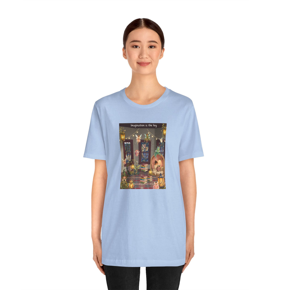 T-Shirt — Cozy Nighttime Reading Scene "Imagination is the Key"