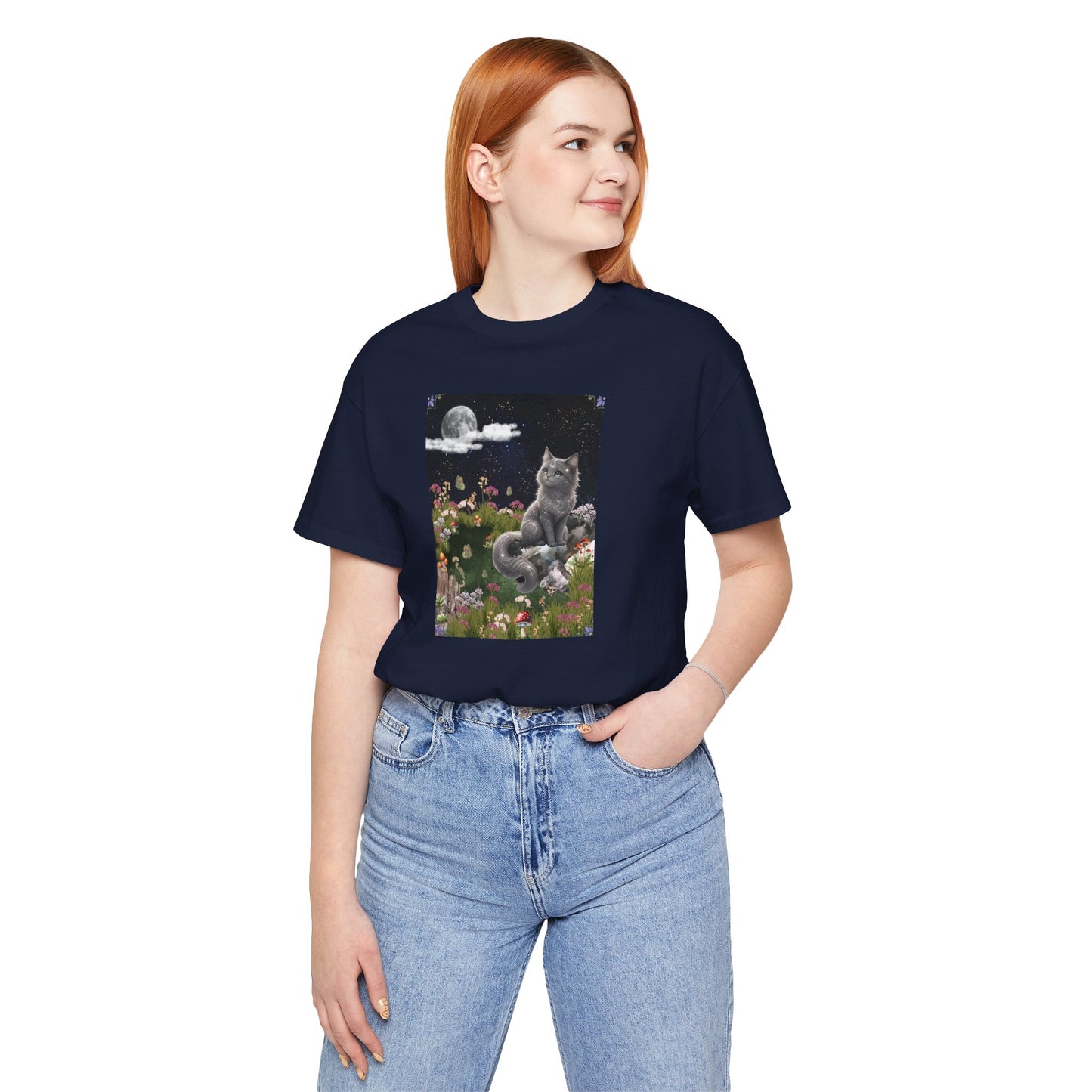 Moonlit Cat Garden T-Shirt — Midnight Moon & Floral Kitty Tee