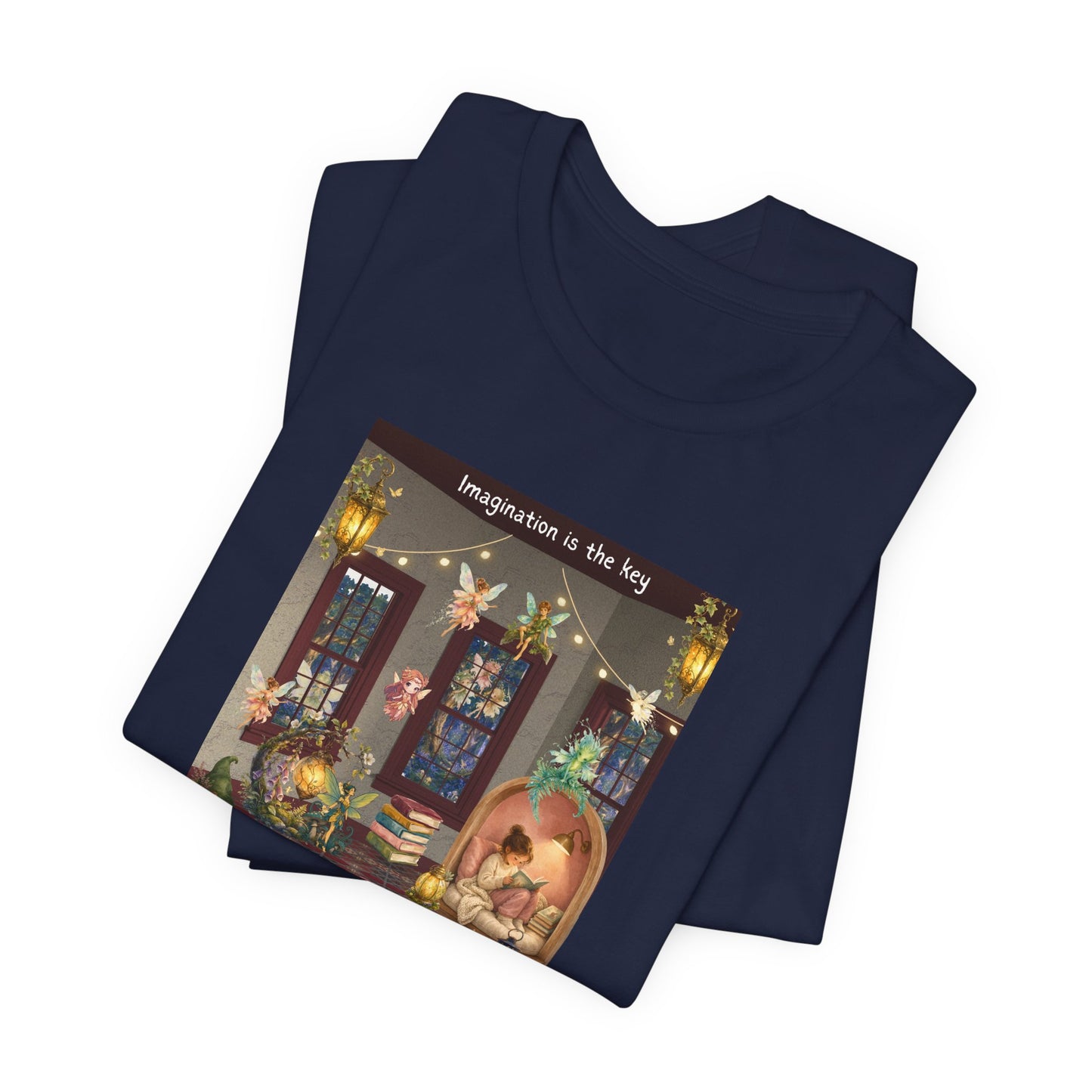 T-Shirt — Cozy Nighttime Reading Scene "Imagination is the Key"