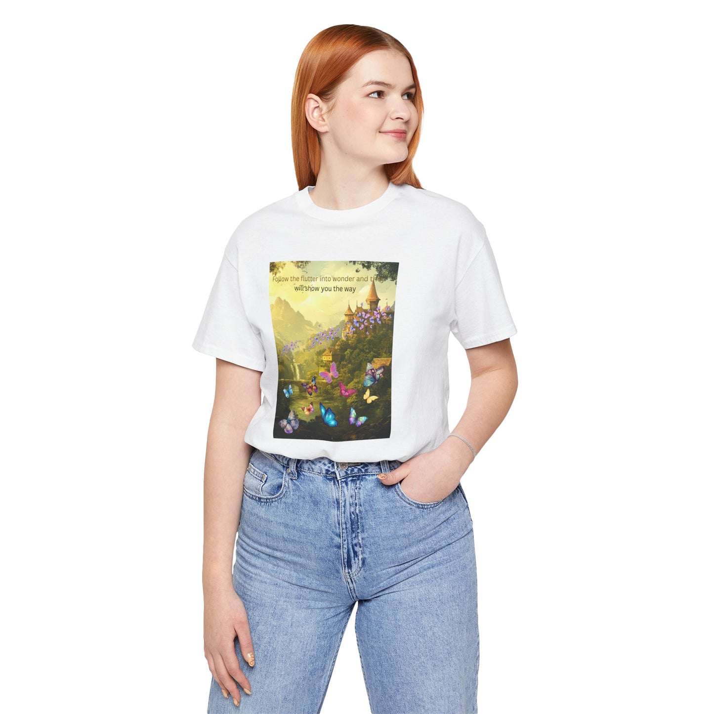Inspirational Butterfly Landscape Tee — "Follow the Flower..." Nature Graphic T‑Shirt