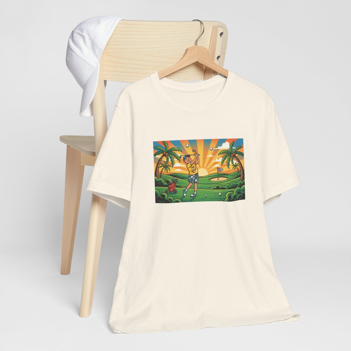 Sunset Golfer Graphic Tee — Tropical Golf Cartoon T-Shirt