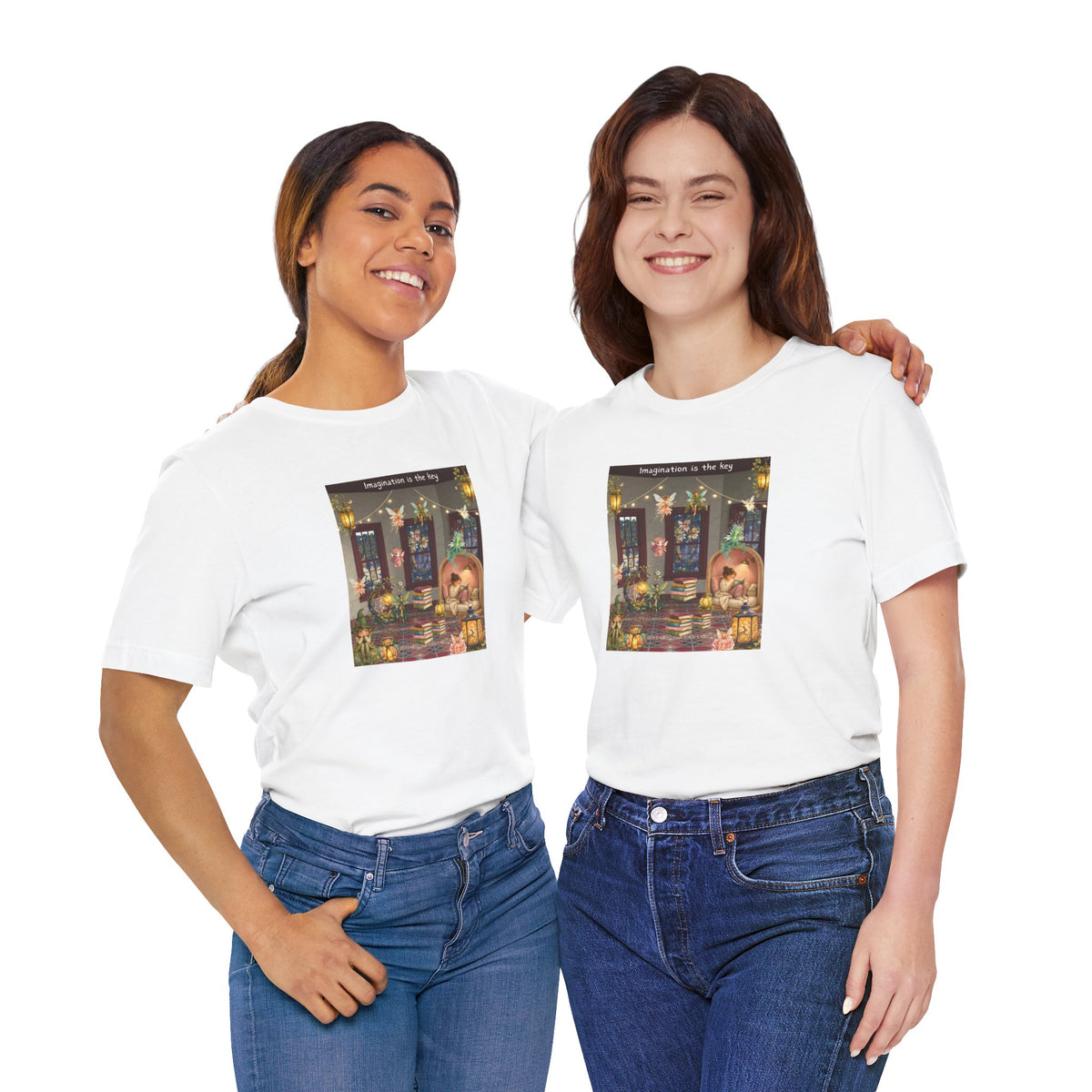 T-Shirt — Cozy Nighttime Reading Scene "Imagination is the Key"