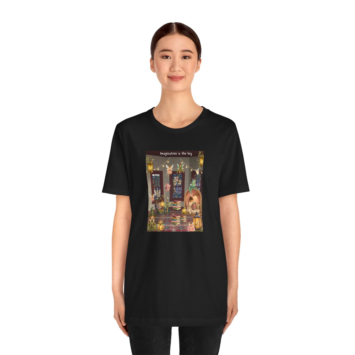 T-Shirt — Cozy Nighttime Reading Scene "Imagination is the Key"