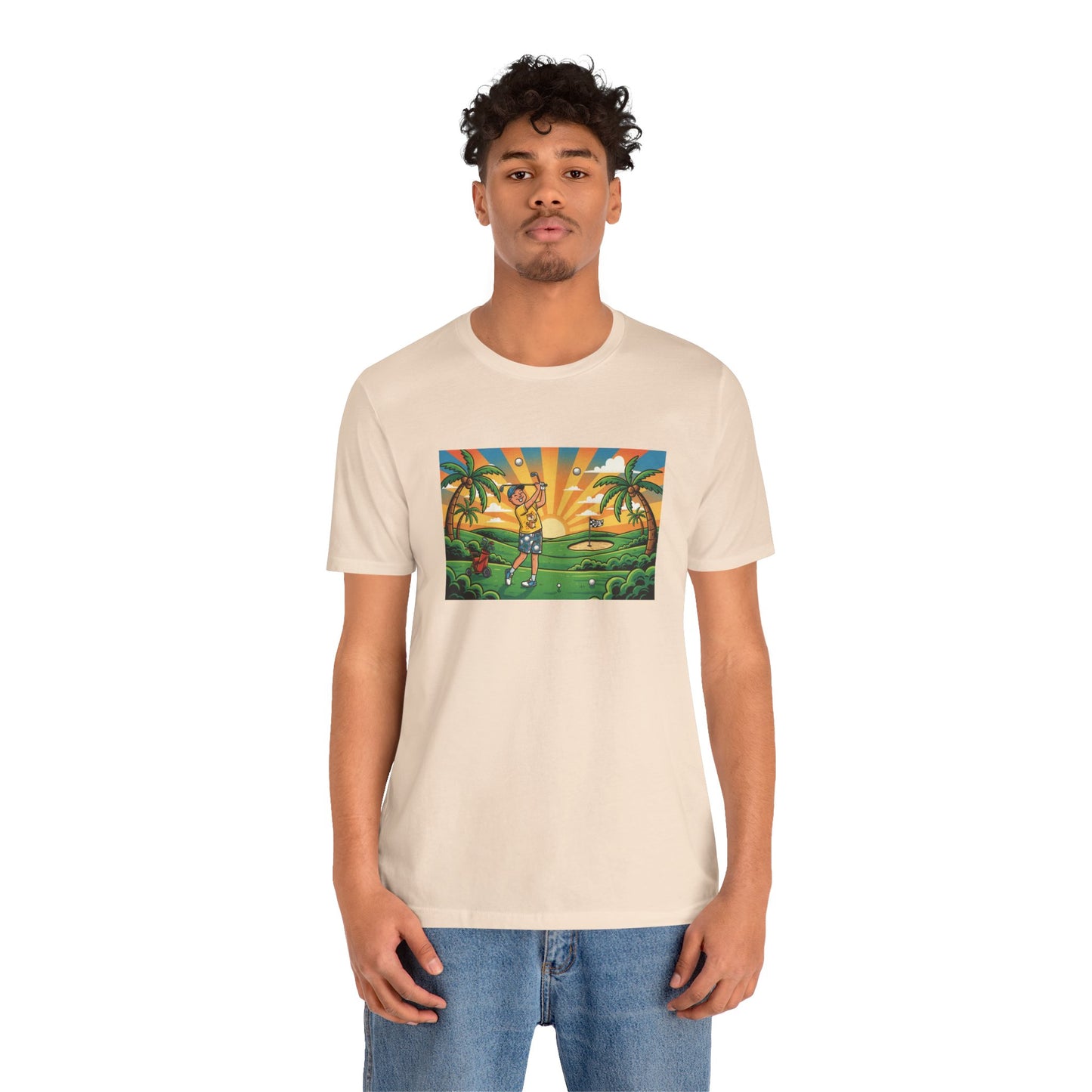 Sunset Golfer Graphic Tee — Tropical Golf Cartoon T-Shirt